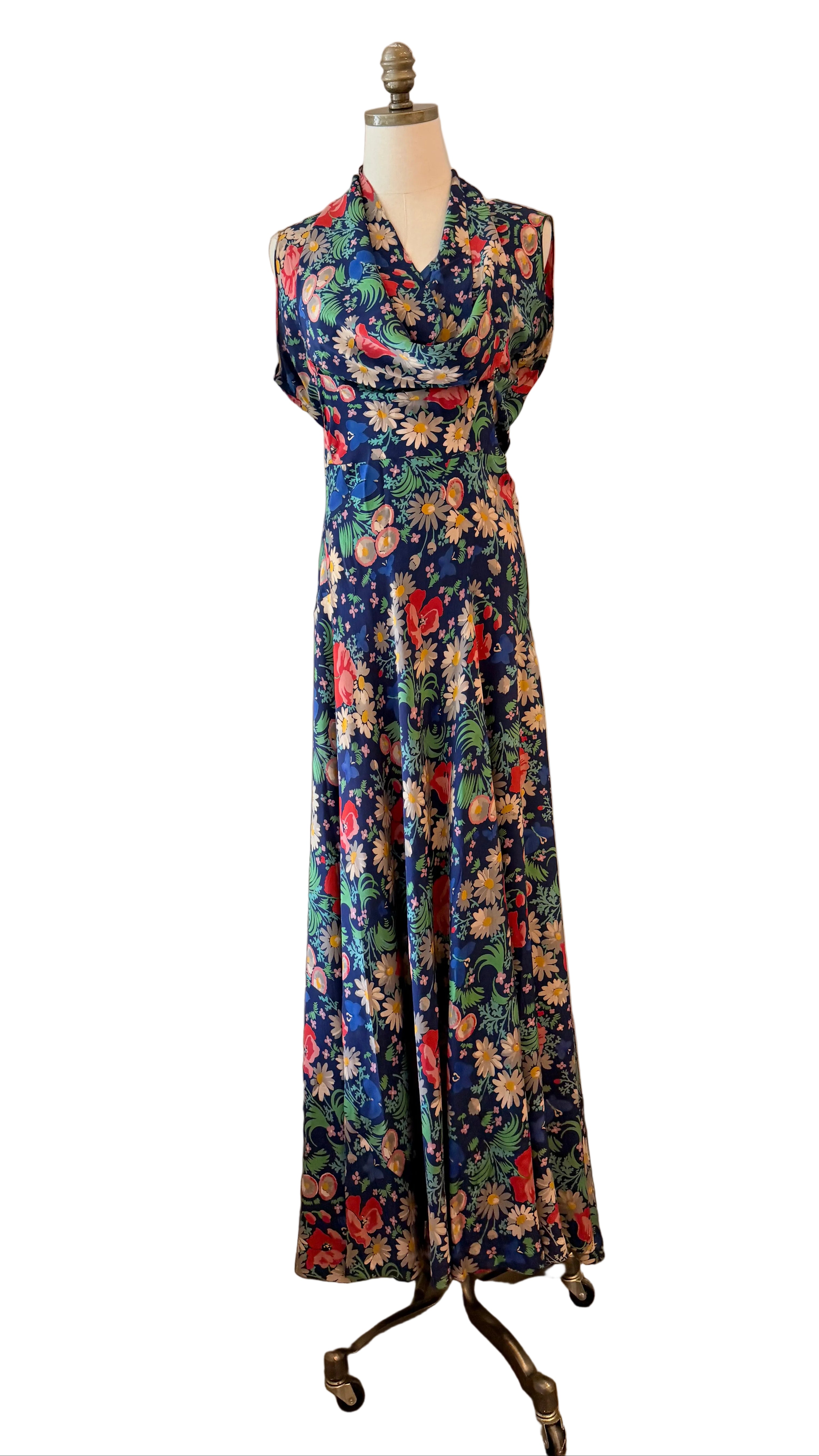 1930s Navy Silk Bias-Cut Floral Gown with Front & Back V-Neck and Sash Waist