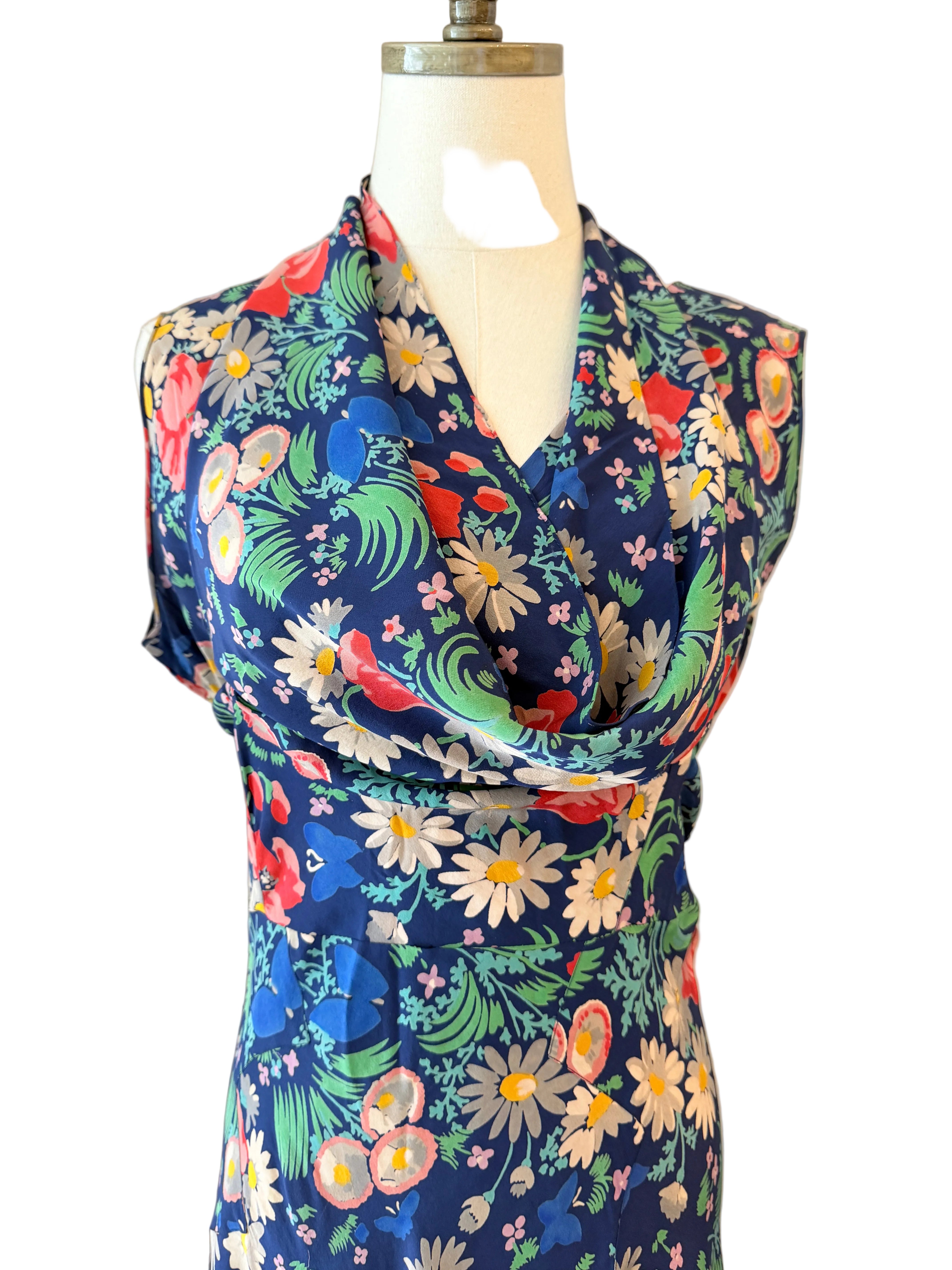 1930s Navy Silk Bias-Cut Floral Gown with Front & Back V-Neck and Sash Waist