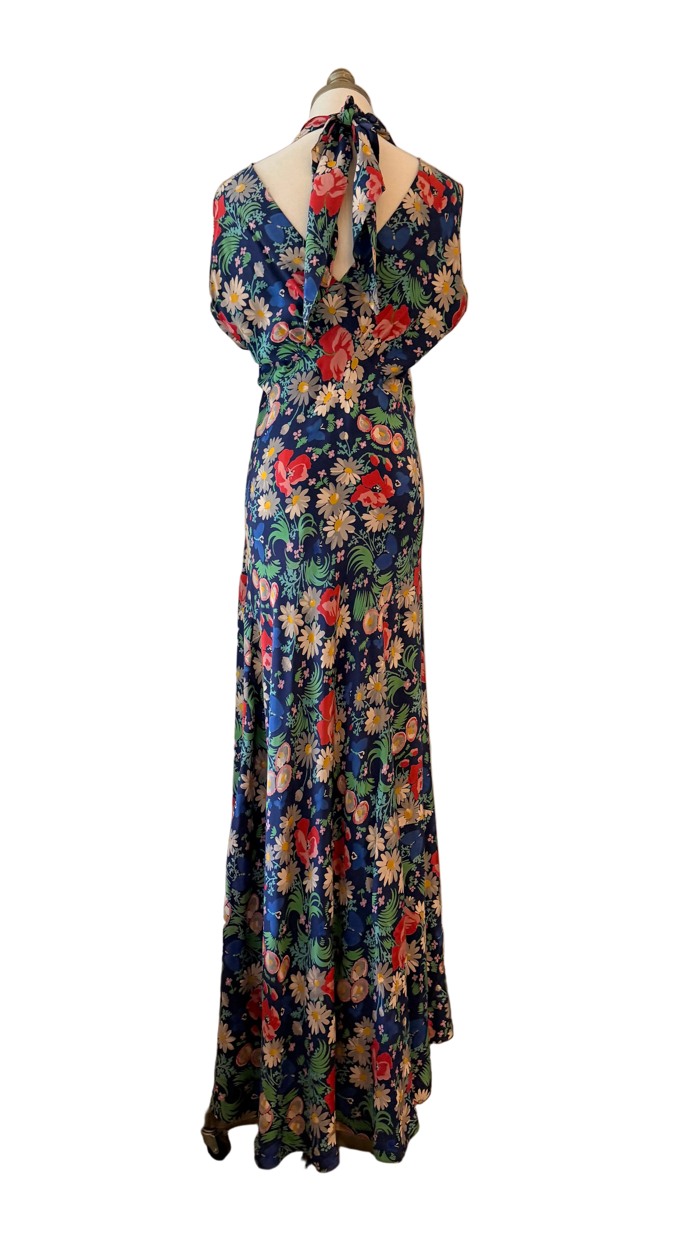 1930s Navy Silk Bias-Cut Floral Gown with Front & Back V-Neck and Sash Waist