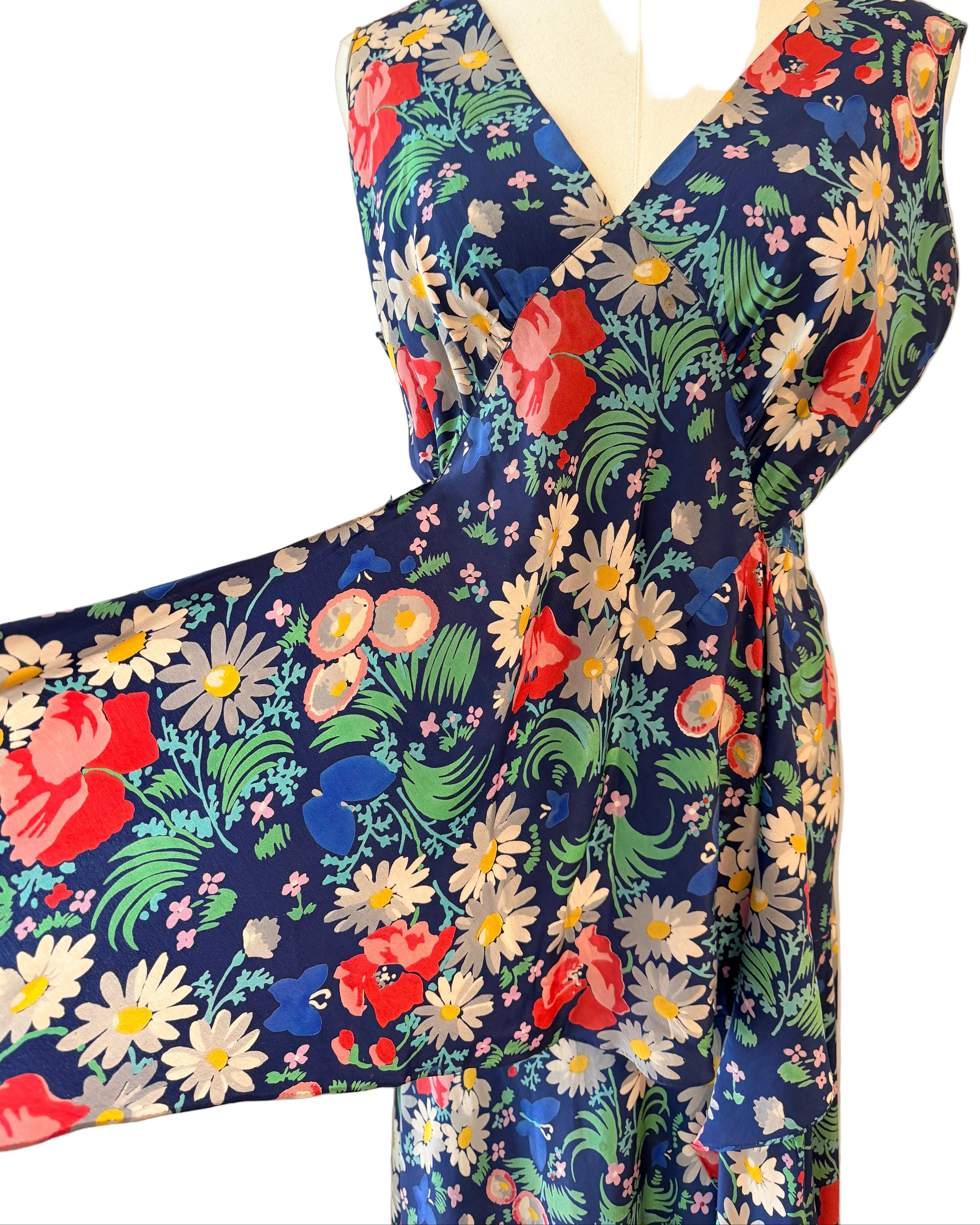 1930s Navy Silk Bias-Cut Floral Gown with Front & Back V-Neck and Sash Waist