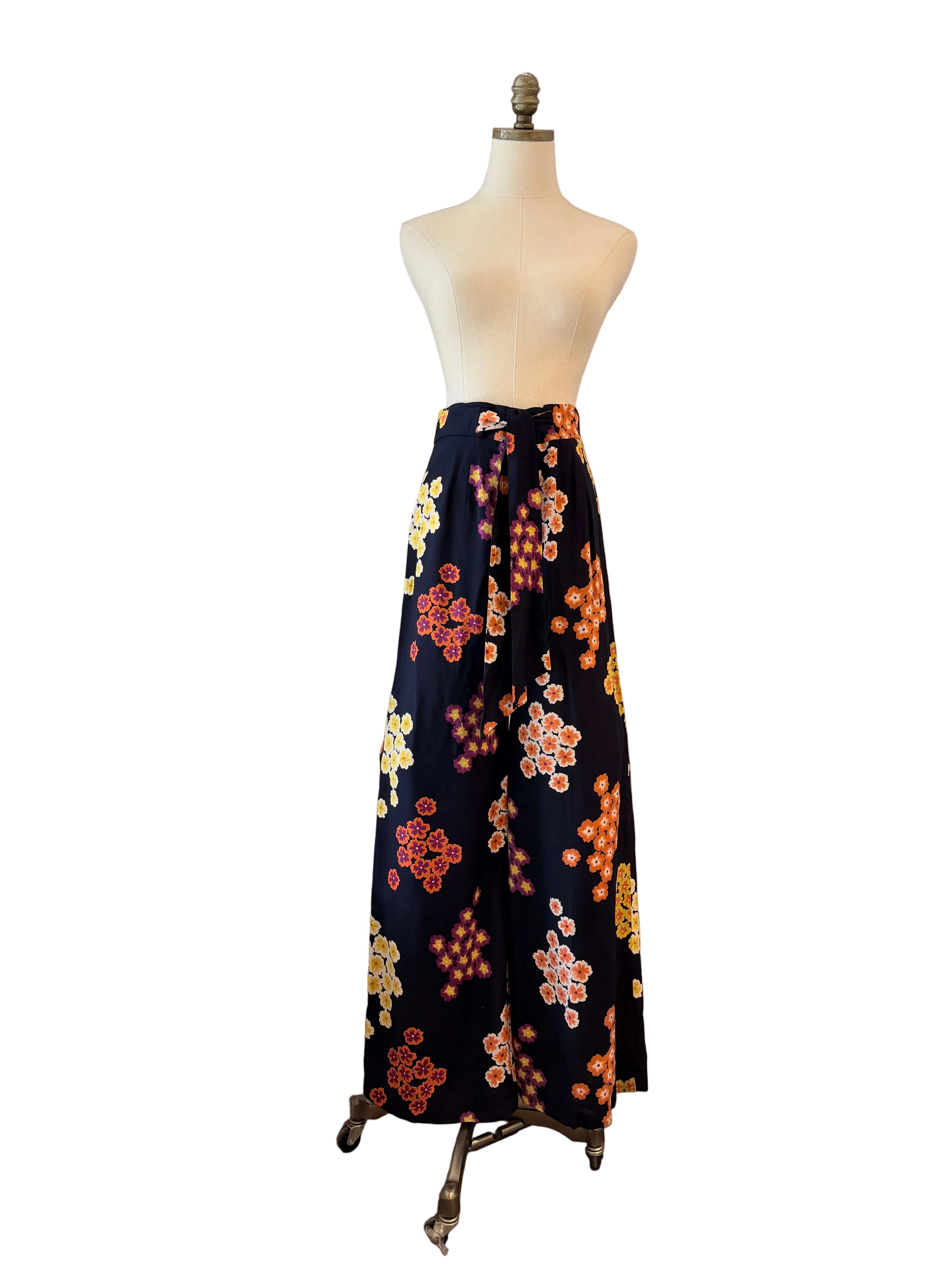 1940s Black Rayon Wide-Leg Pants with Pansy Floral Print & Matching Sash Belt