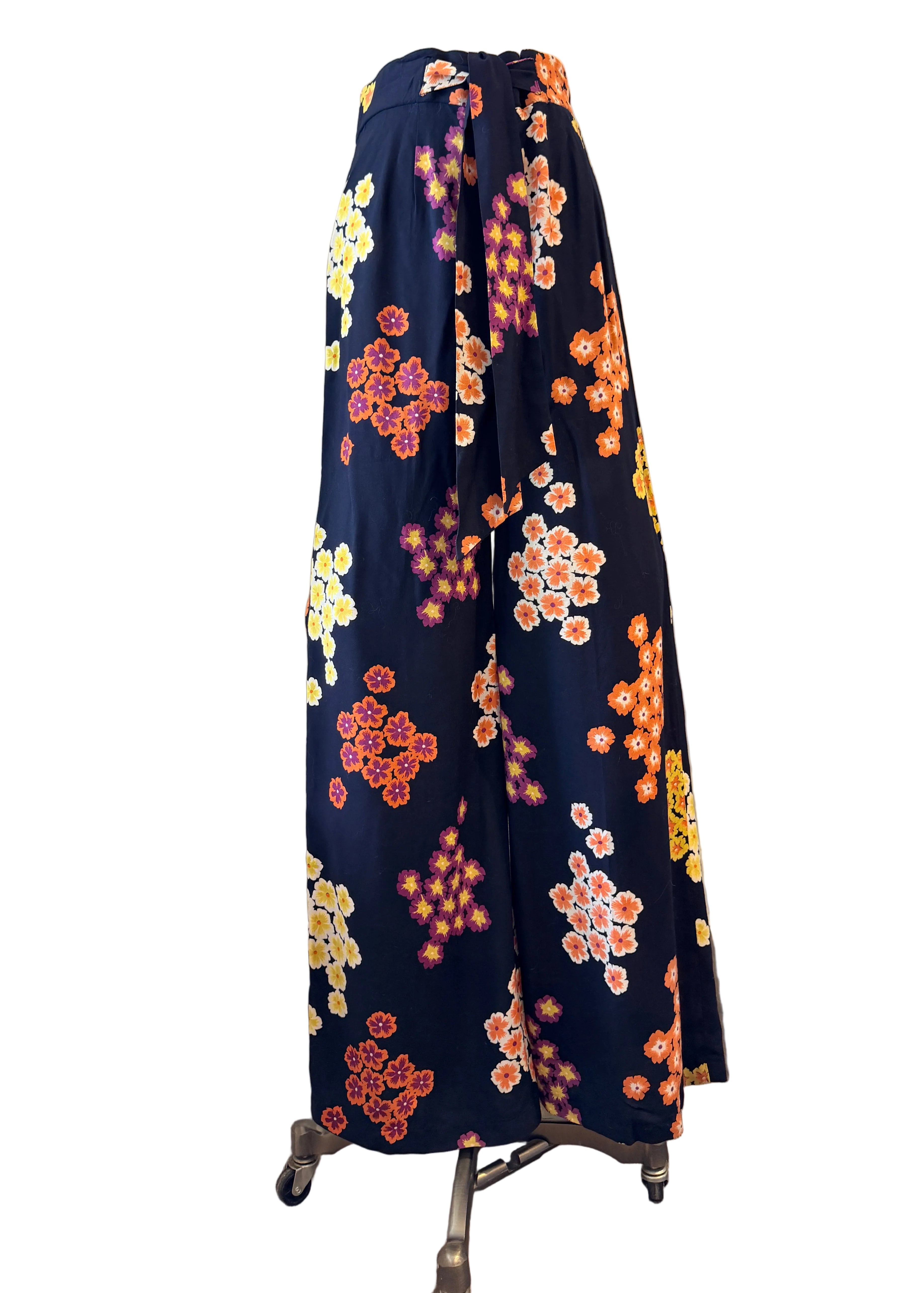 1940s Black Rayon Wide-Leg Pants with Pansy Floral Print & Matching Sash Belt