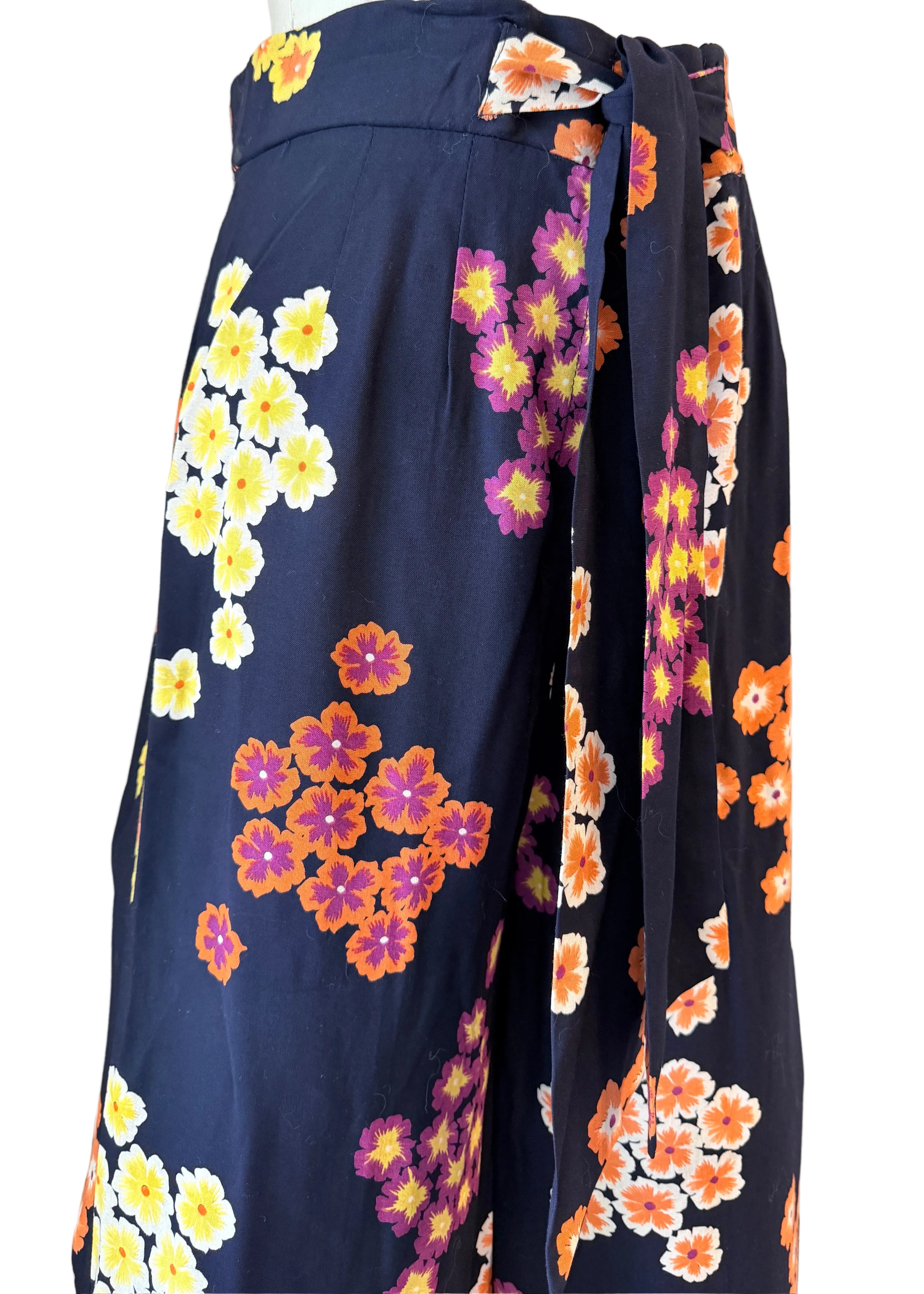 1940s Black Rayon Wide-Leg Pants with Pansy Floral Print & Matching Sash Belt