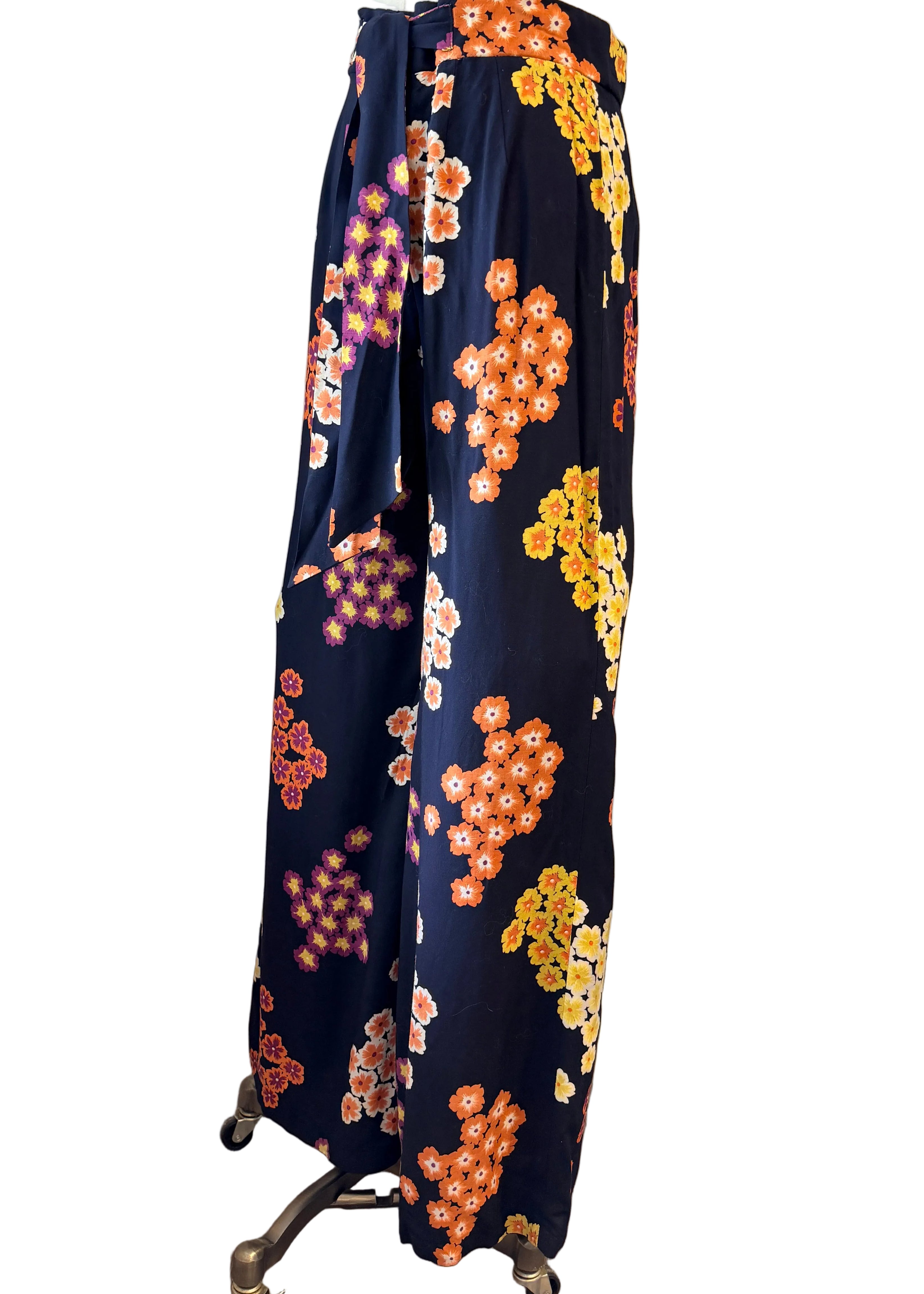 1940s Black Rayon Wide-Leg Pants with Pansy Floral Print & Matching Sash Belt