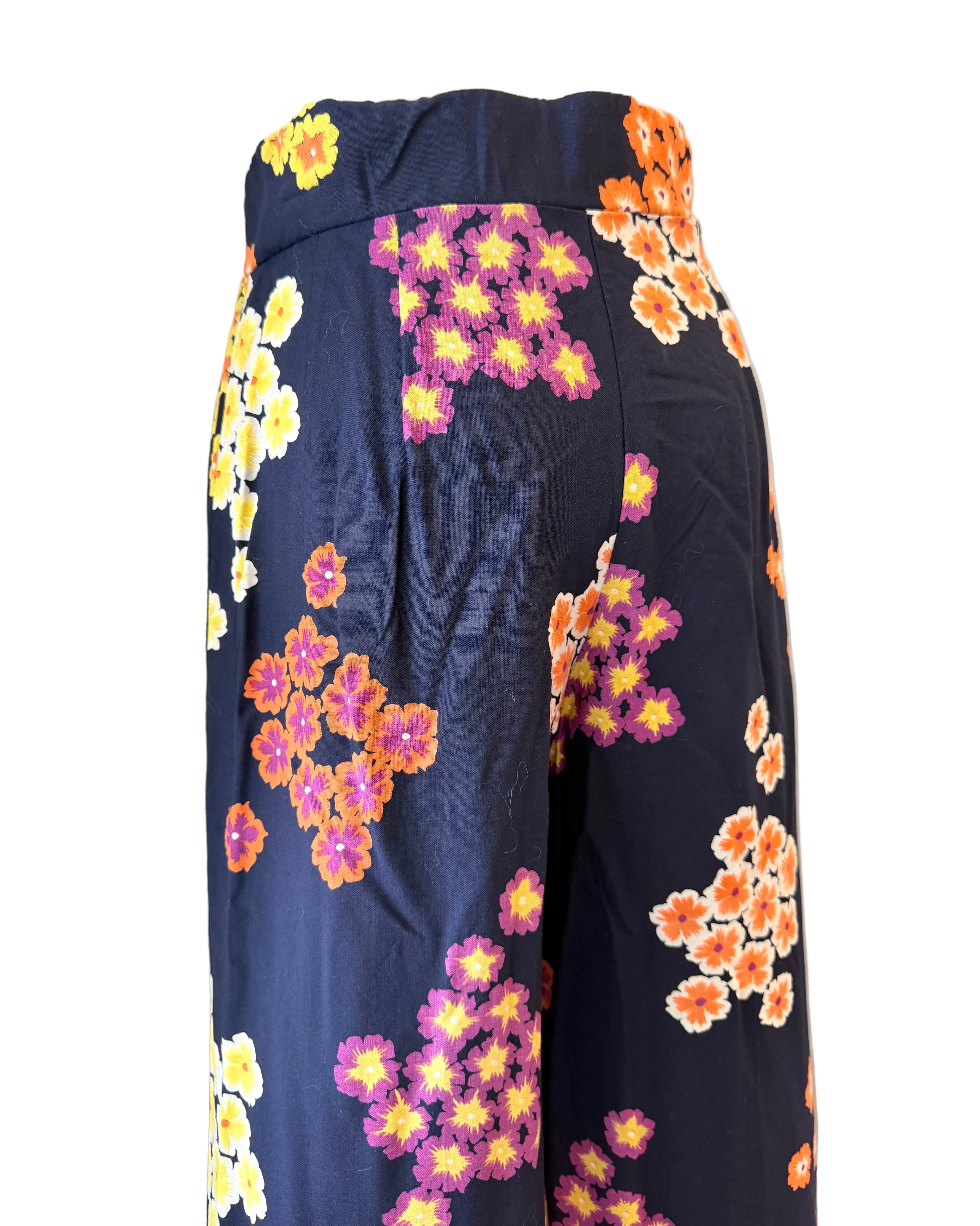 1940s Black Rayon Wide-Leg Pants with Pansy Floral Print & Matching Sash Belt
