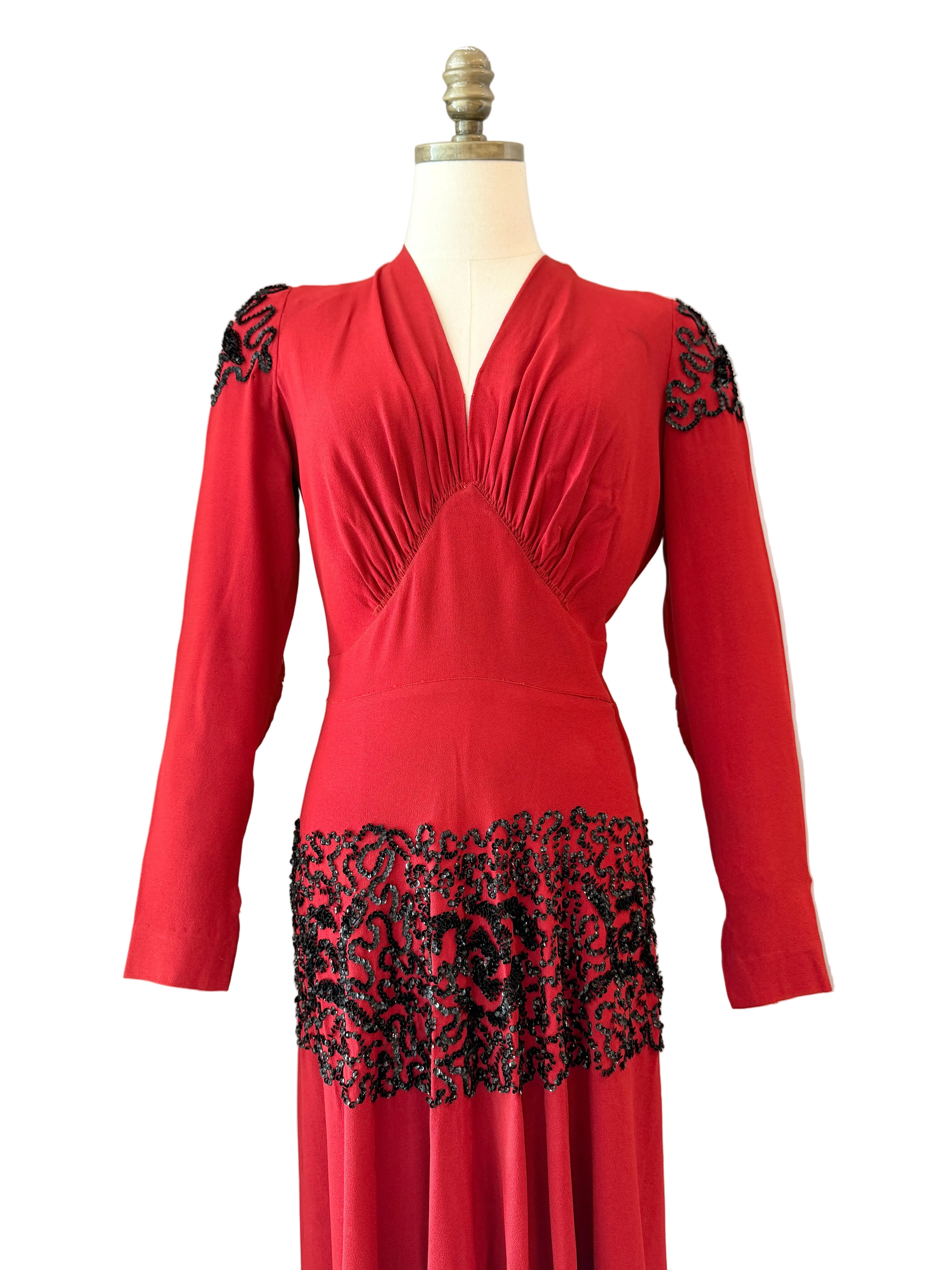 1940s Red Rayon Fit-and-Flare Dress with Sequin Detail