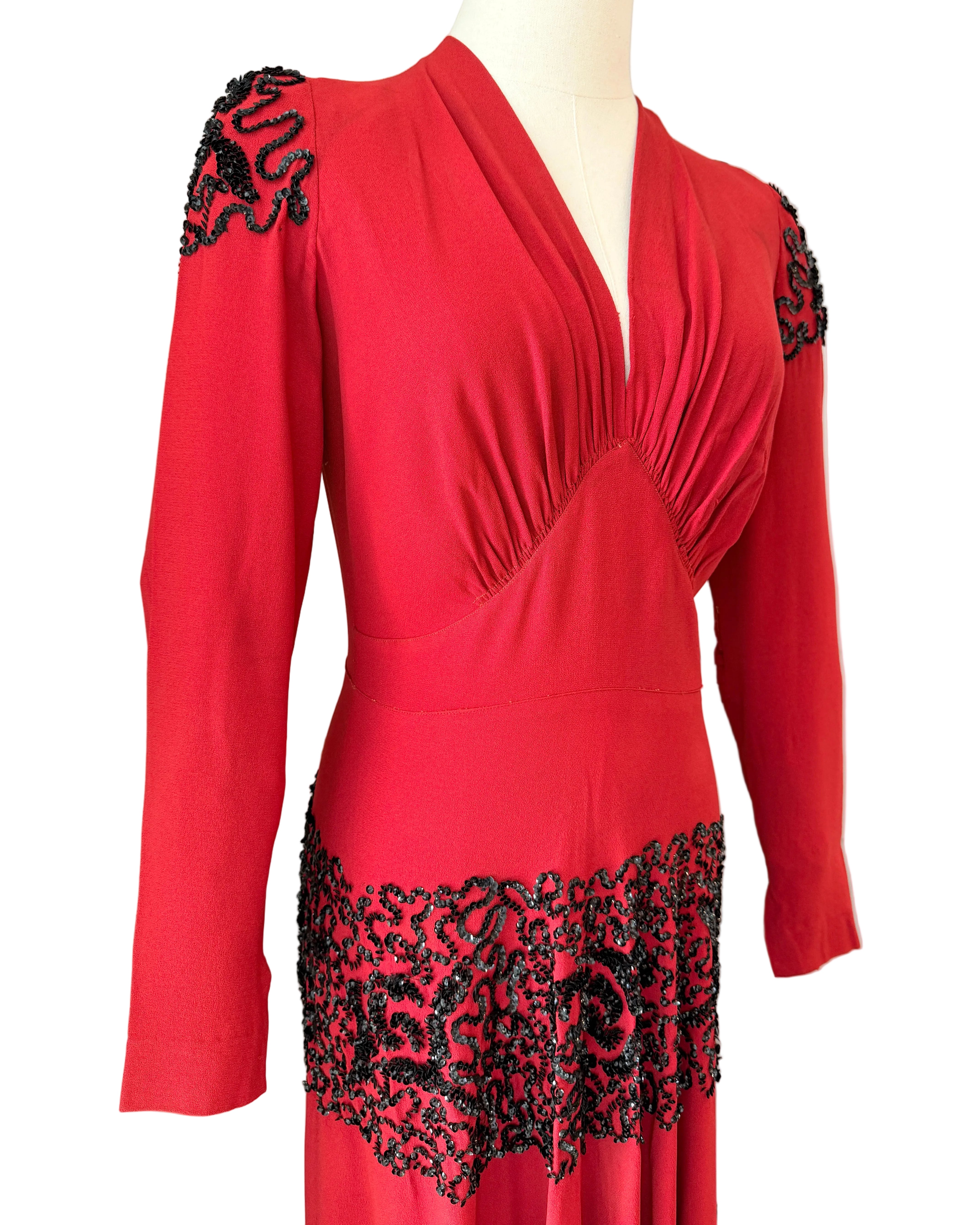 1940s Red Rayon Fit-and-Flare Dress with Sequin Detail