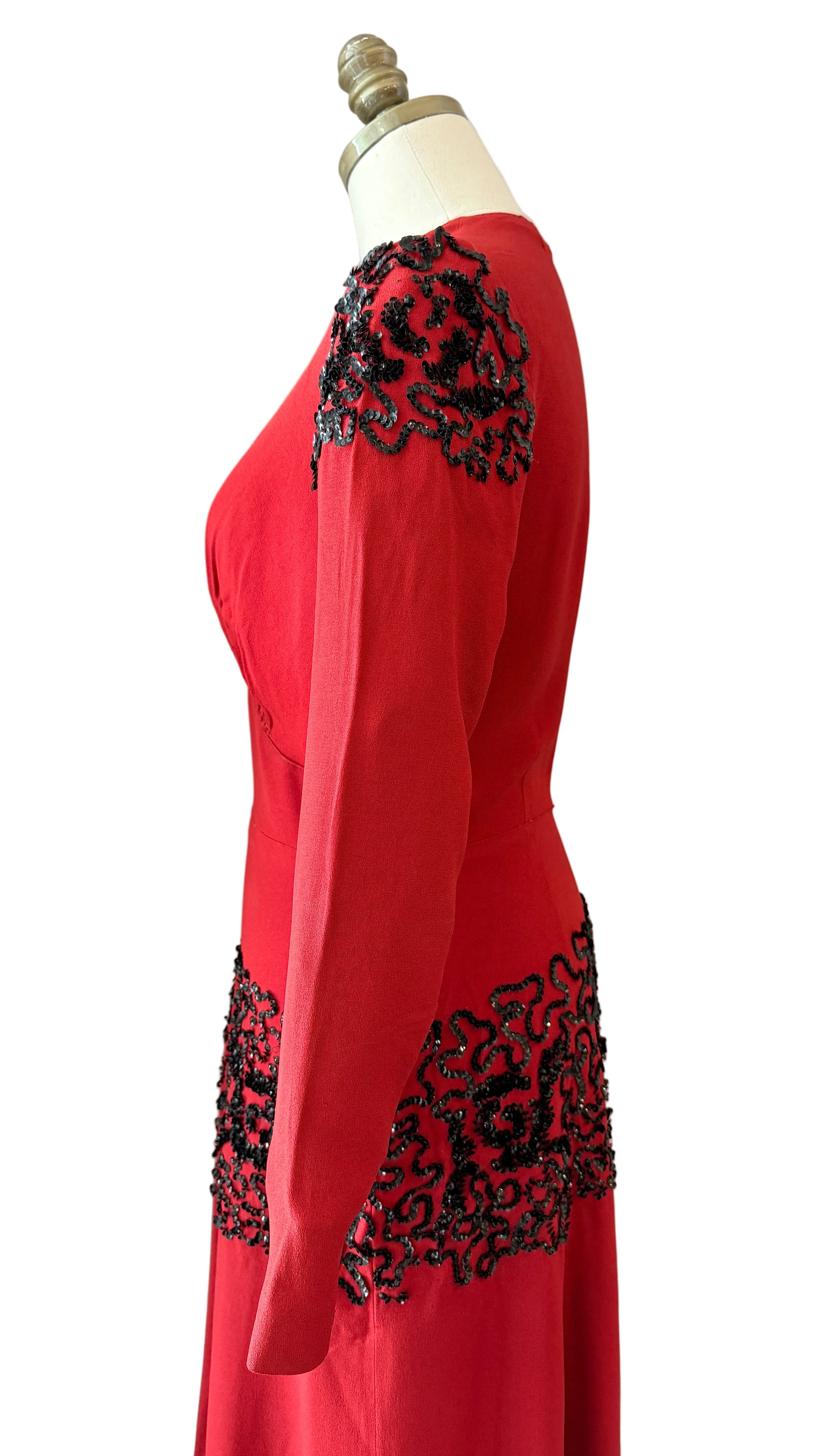 1940s Red Rayon Fit-and-Flare Dress with Sequin Detail