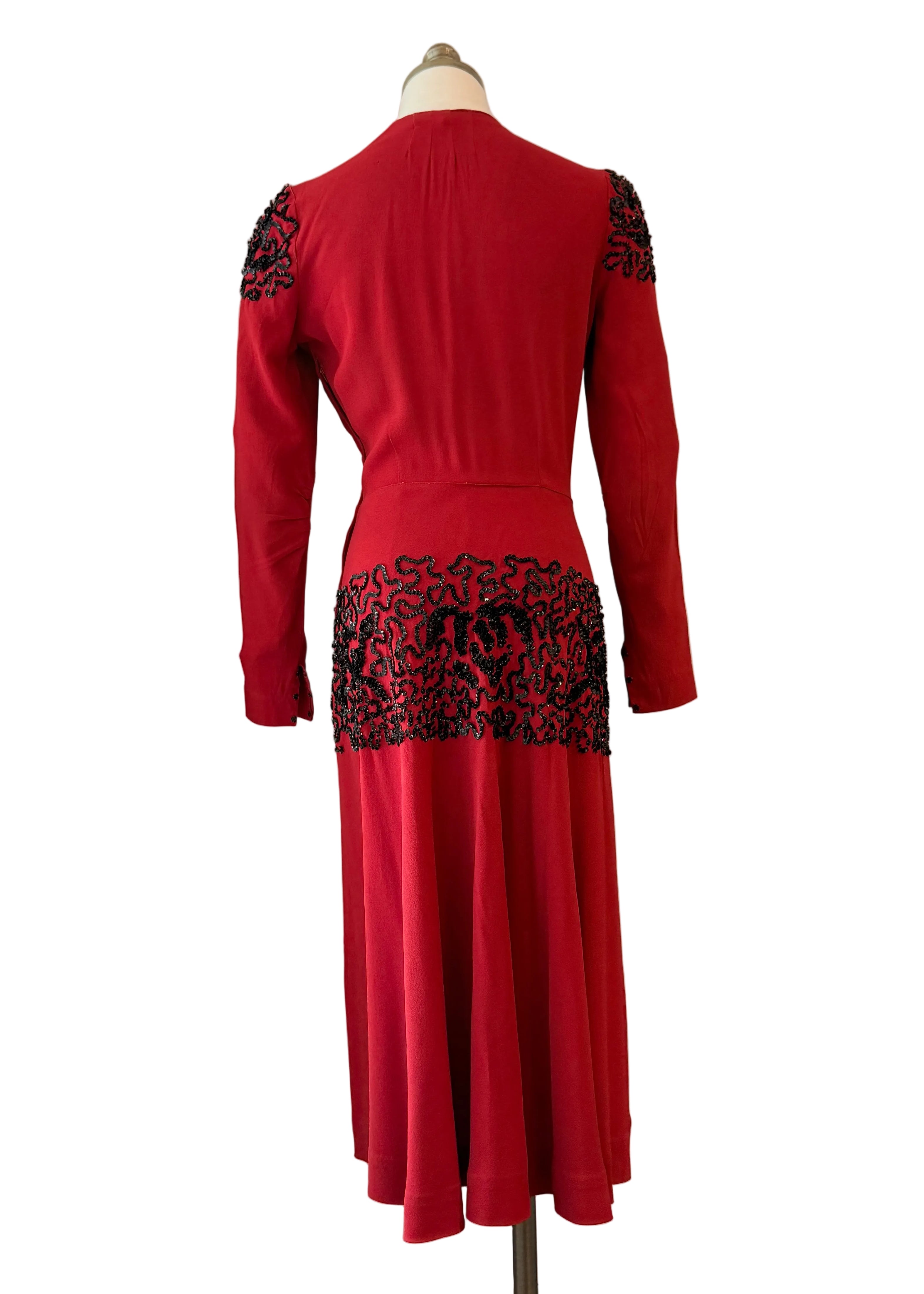 1940s Red Rayon Fit-and-Flare Dress with Sequin Detail