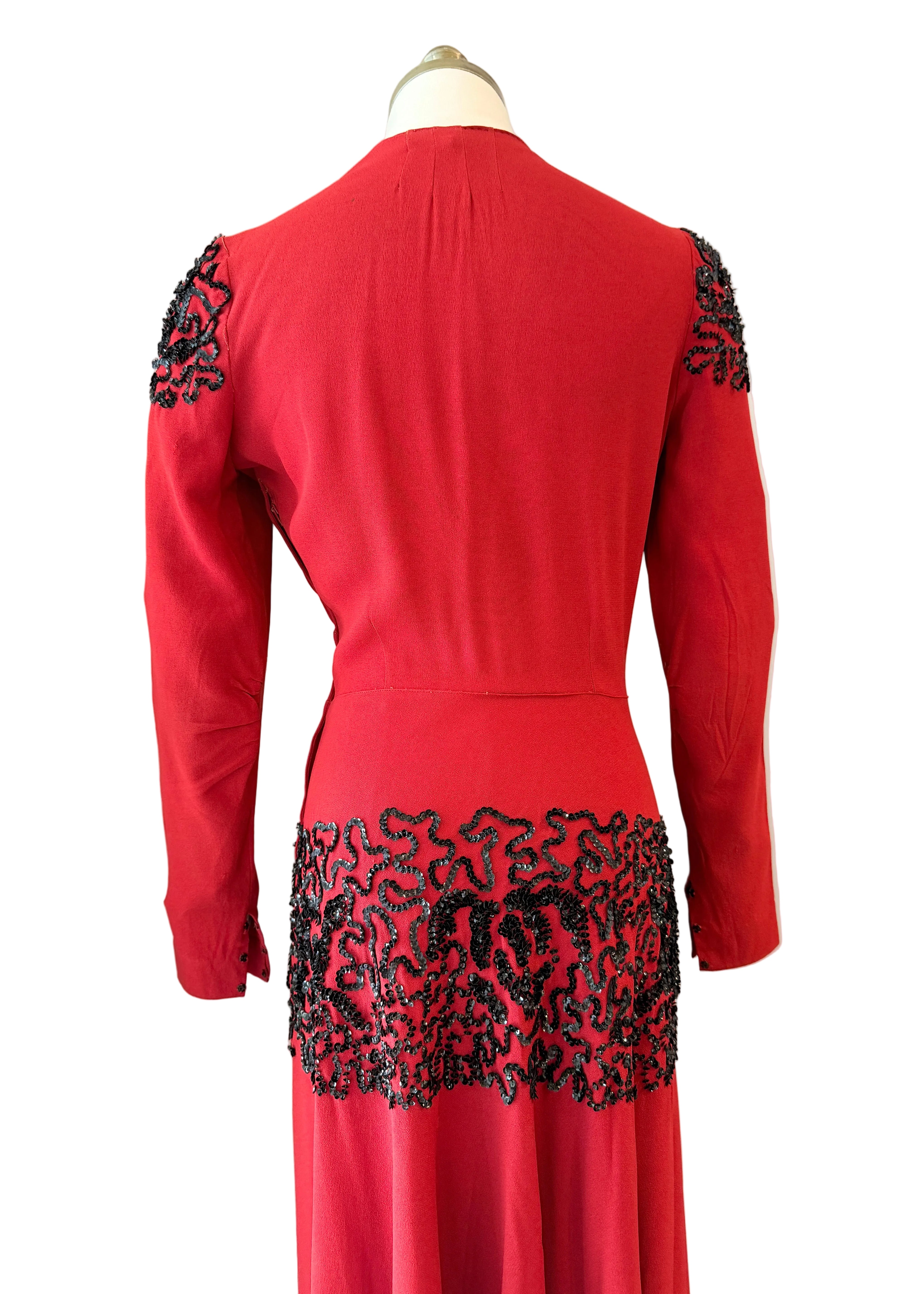 1940s Red Rayon Fit-and-Flare Dress with Sequin Detail
