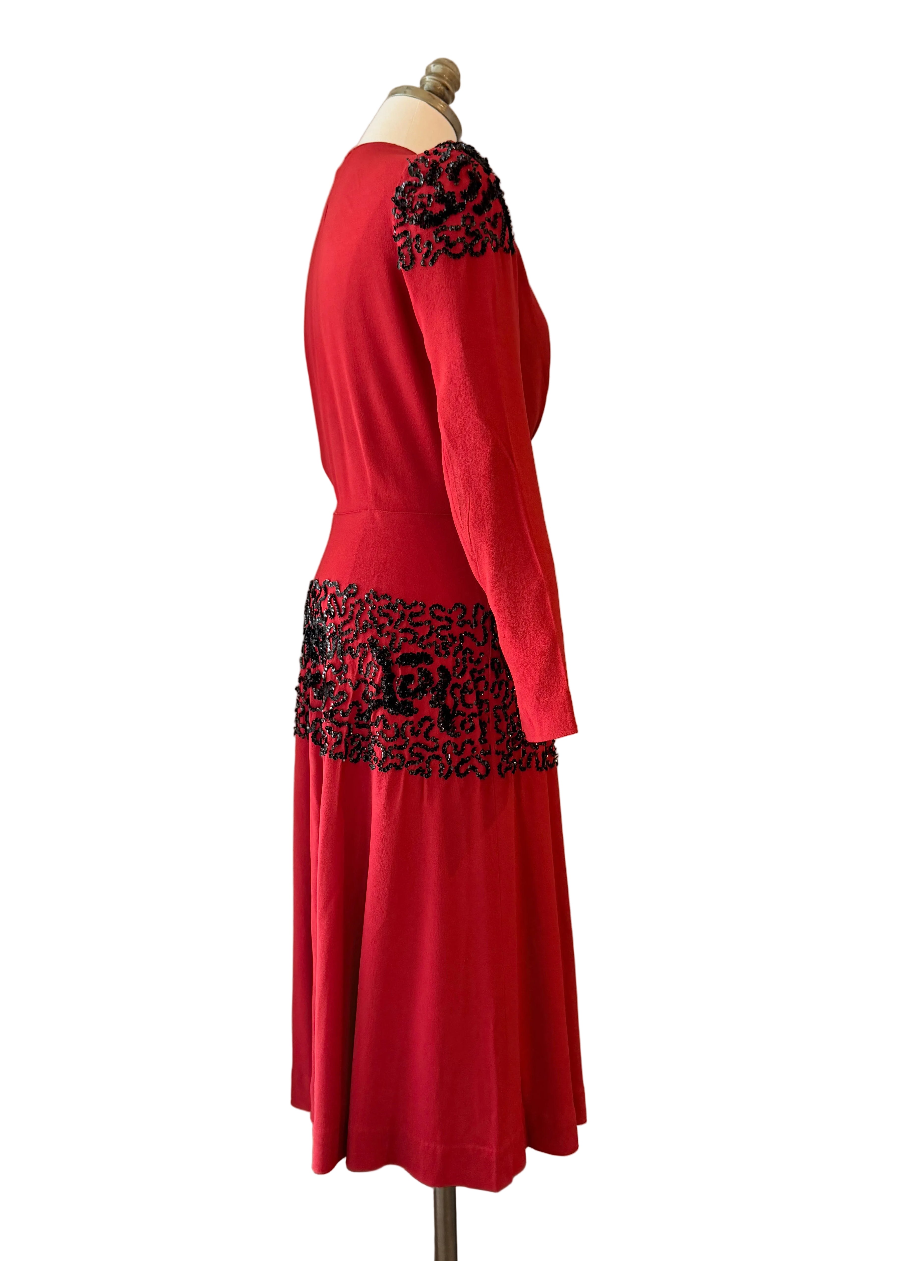 1940s Red Rayon Fit-and-Flare Dress with Sequin Detail