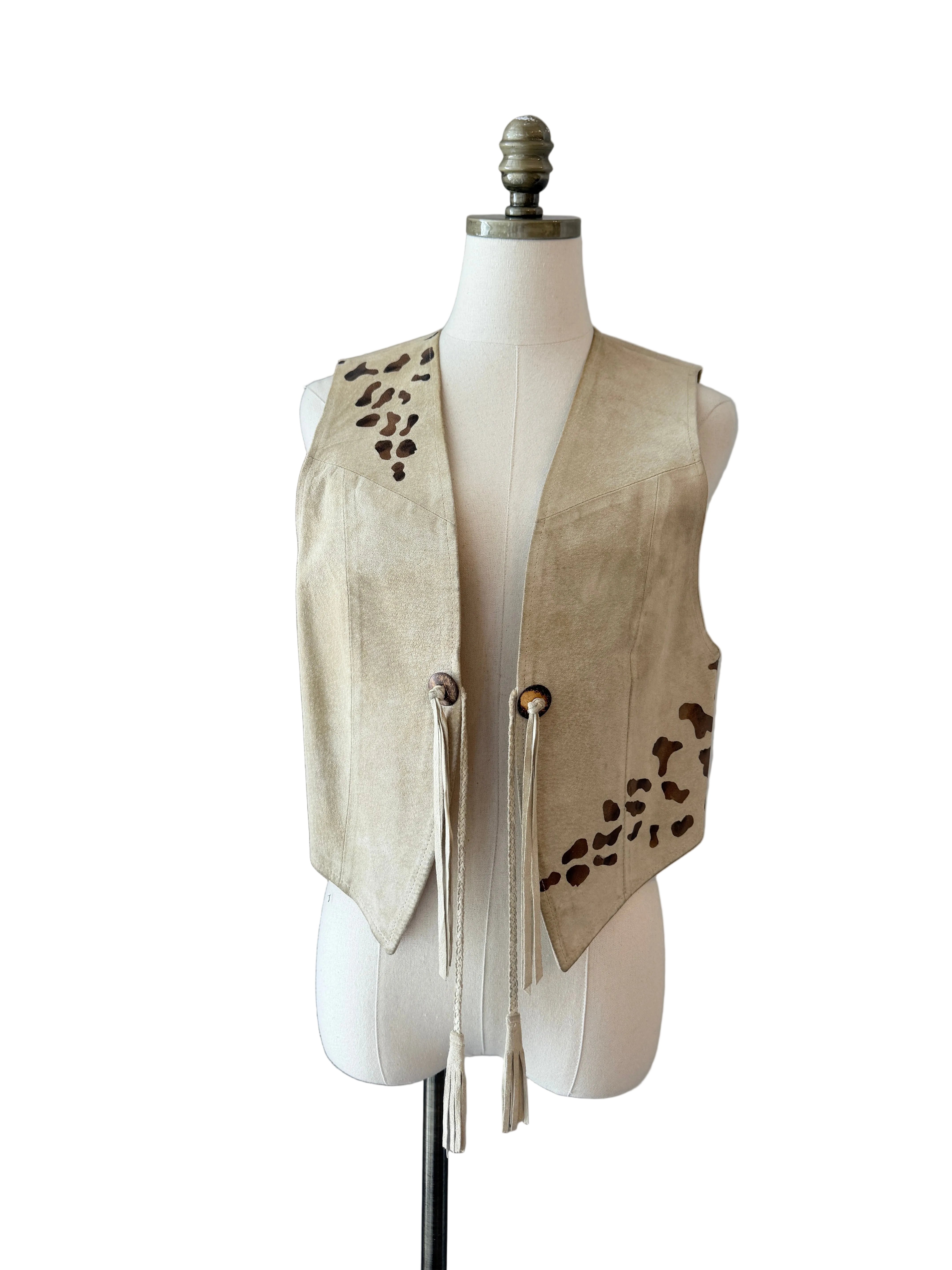1990s Char Santa Fe Light Gray Suede Vest with Hand-Painted Tiger Motif