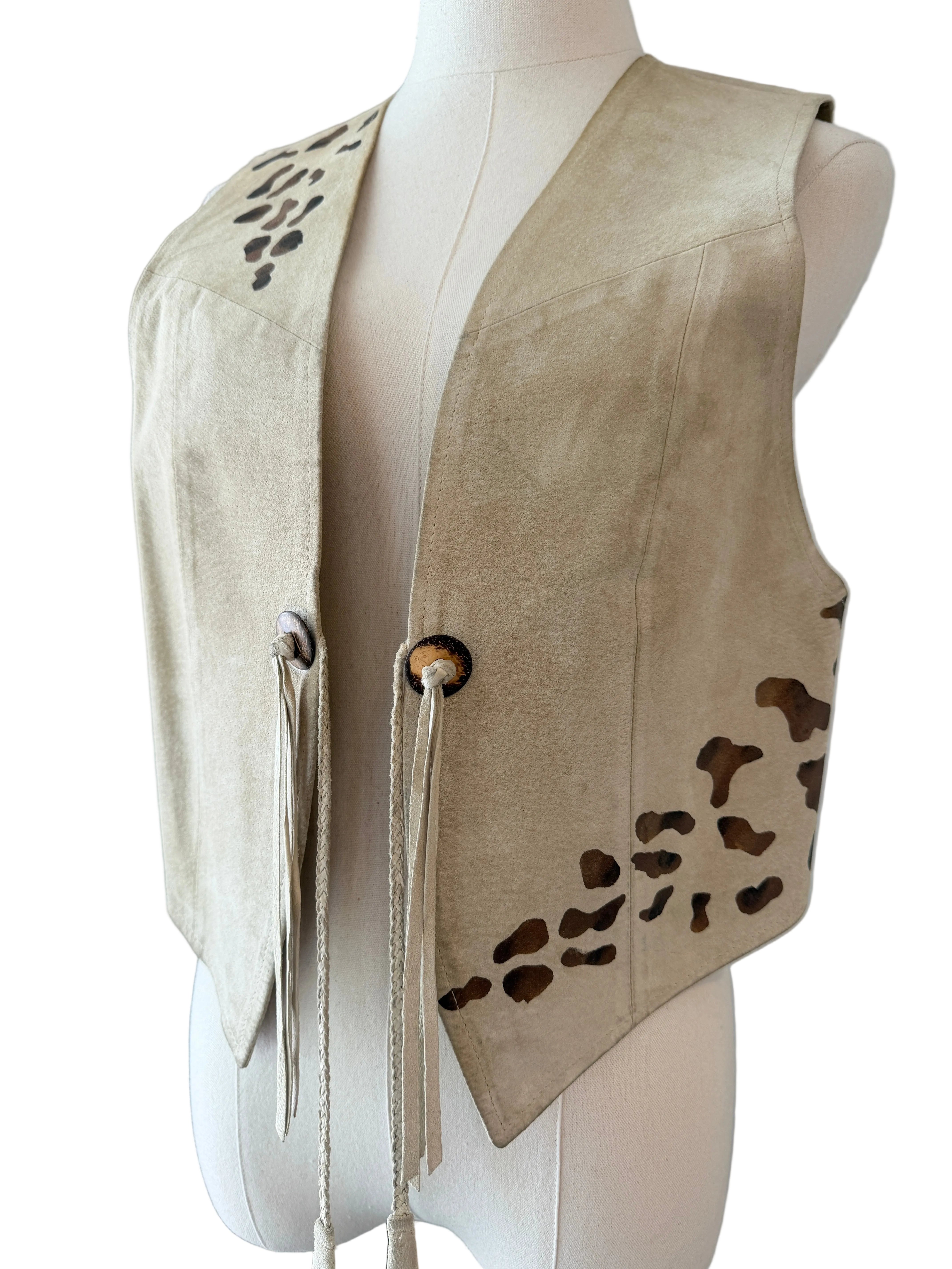 1990s Char Santa Fe Light Gray Suede Vest with Hand-Painted Tiger Motif