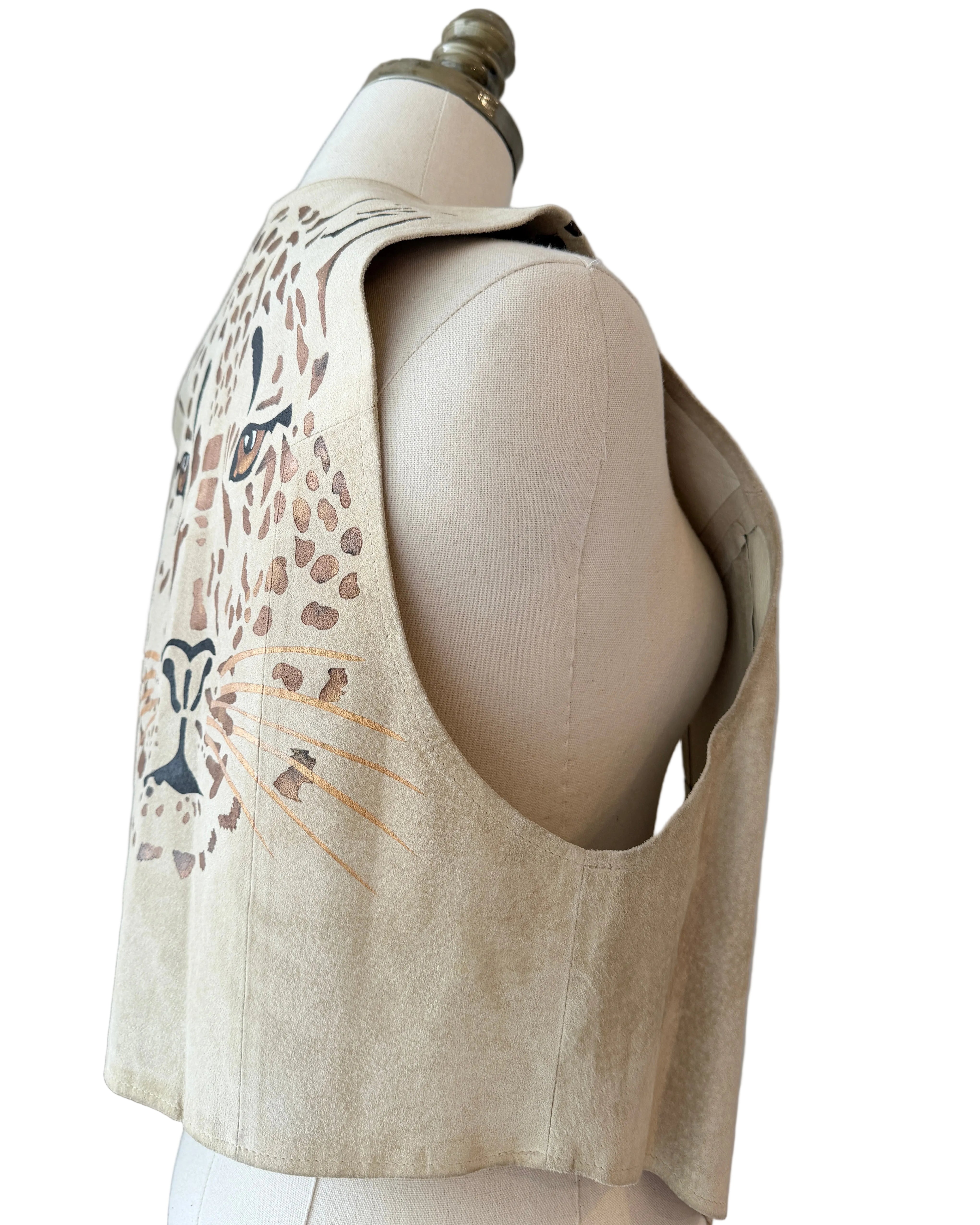 1990s Char Santa Fe Light Gray Suede Vest with Hand-Painted Tiger Motif