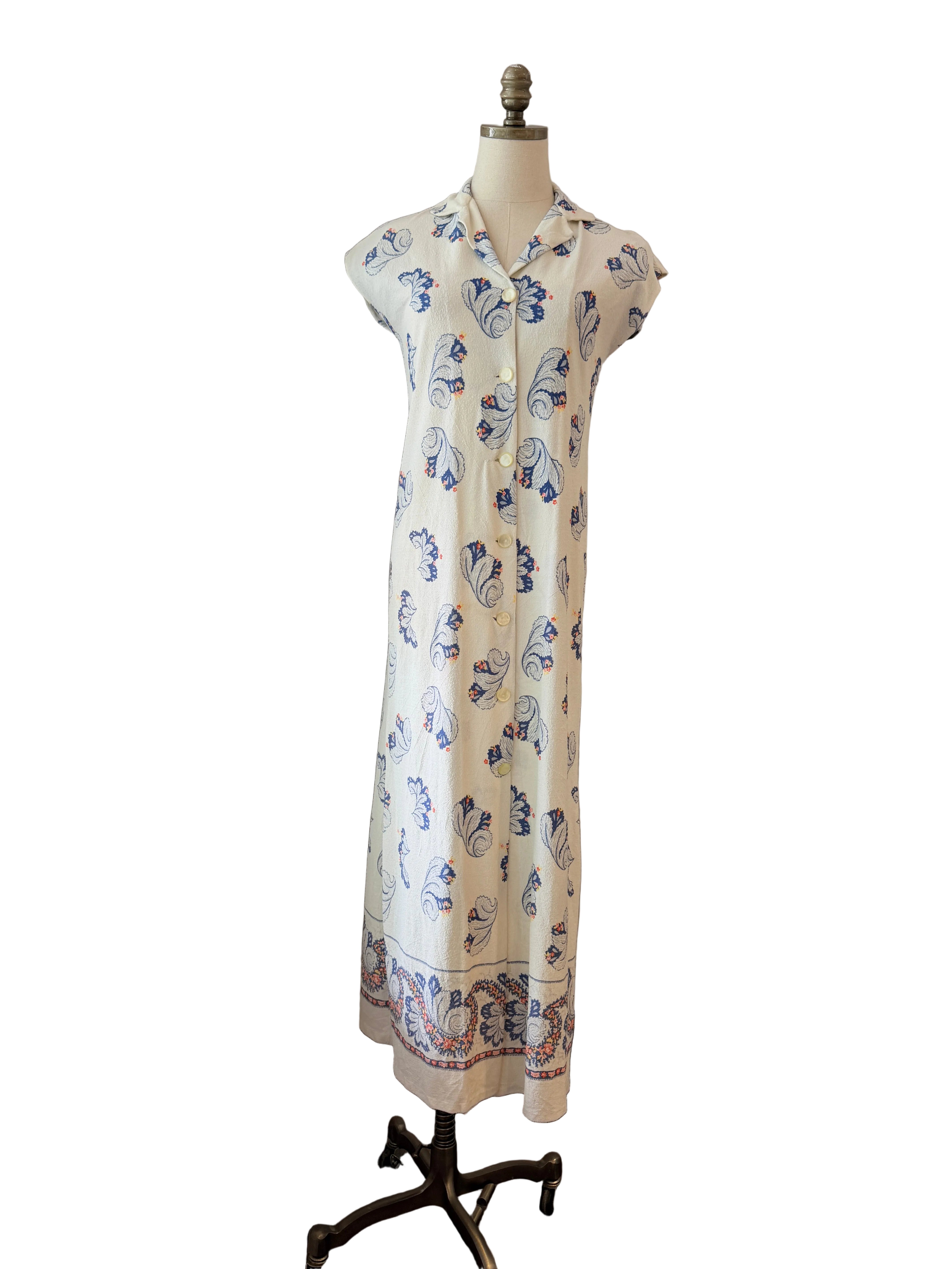 1960s Terrycloth Maxi Dress with Feather plume Print & Cap Sleeves