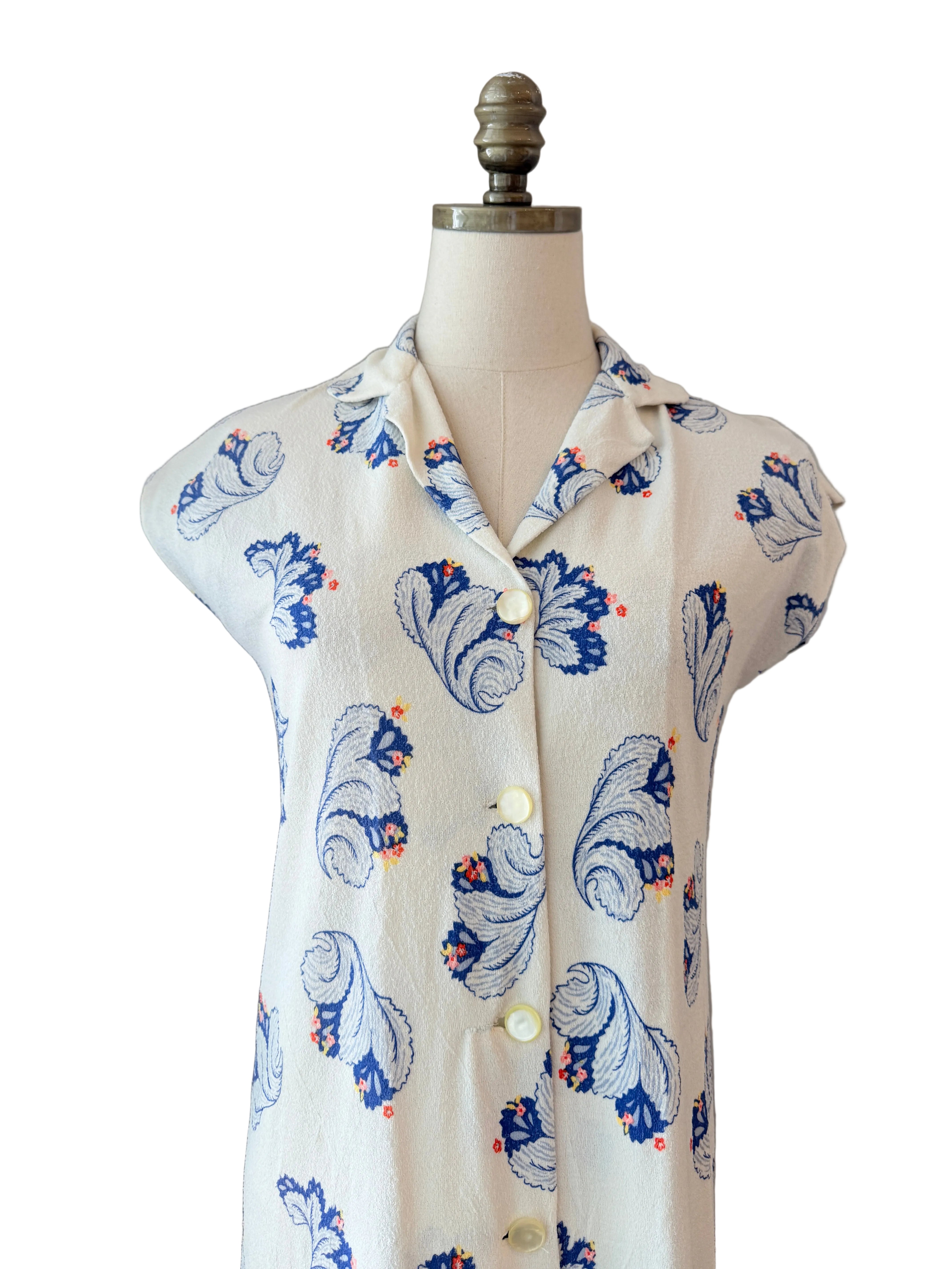 1960s Terrycloth Maxi Dress with Feather plume Print & Cap Sleeves
