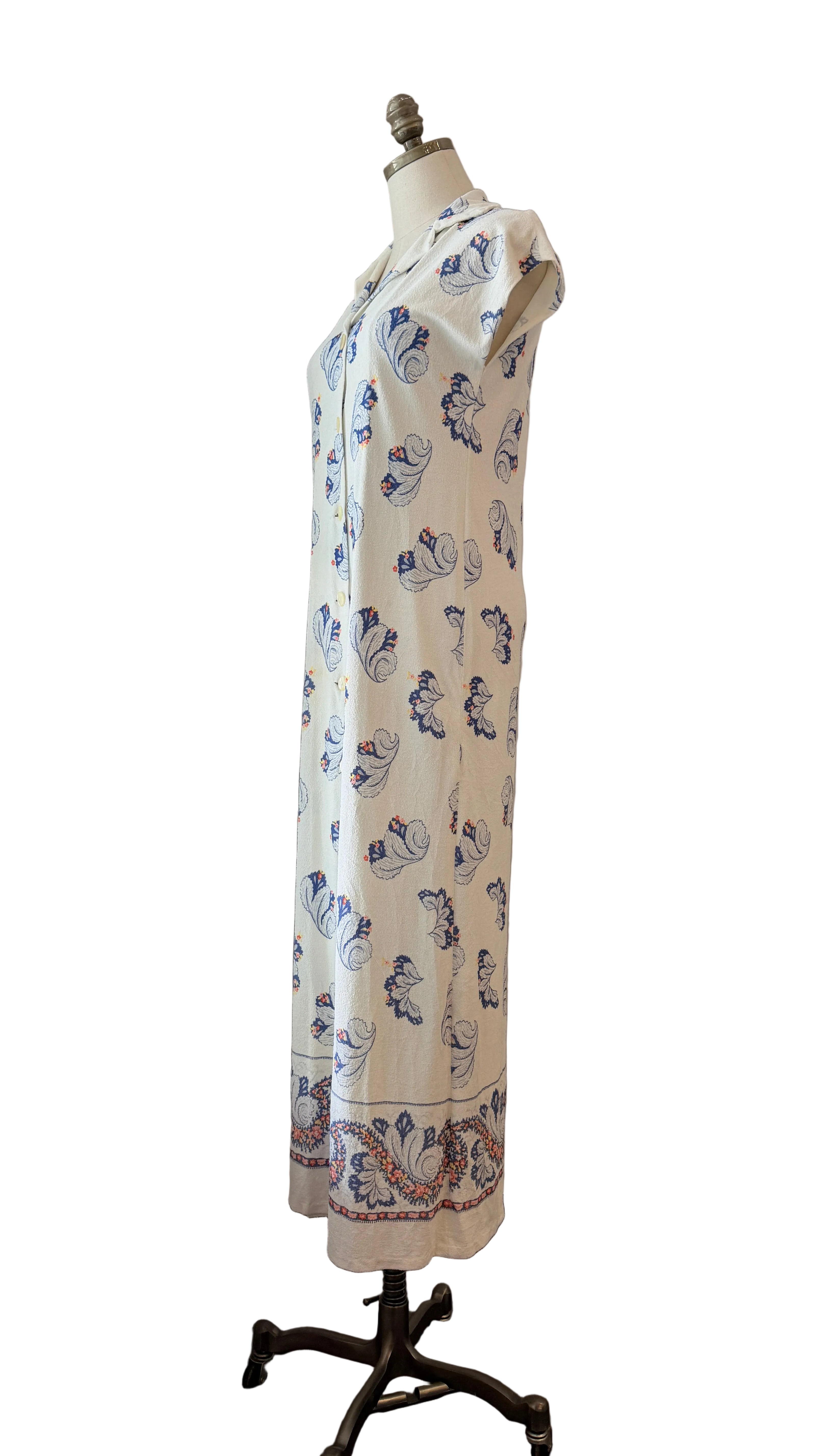 1960s Terrycloth Maxi Dress with Feather plume Print & Cap Sleeves