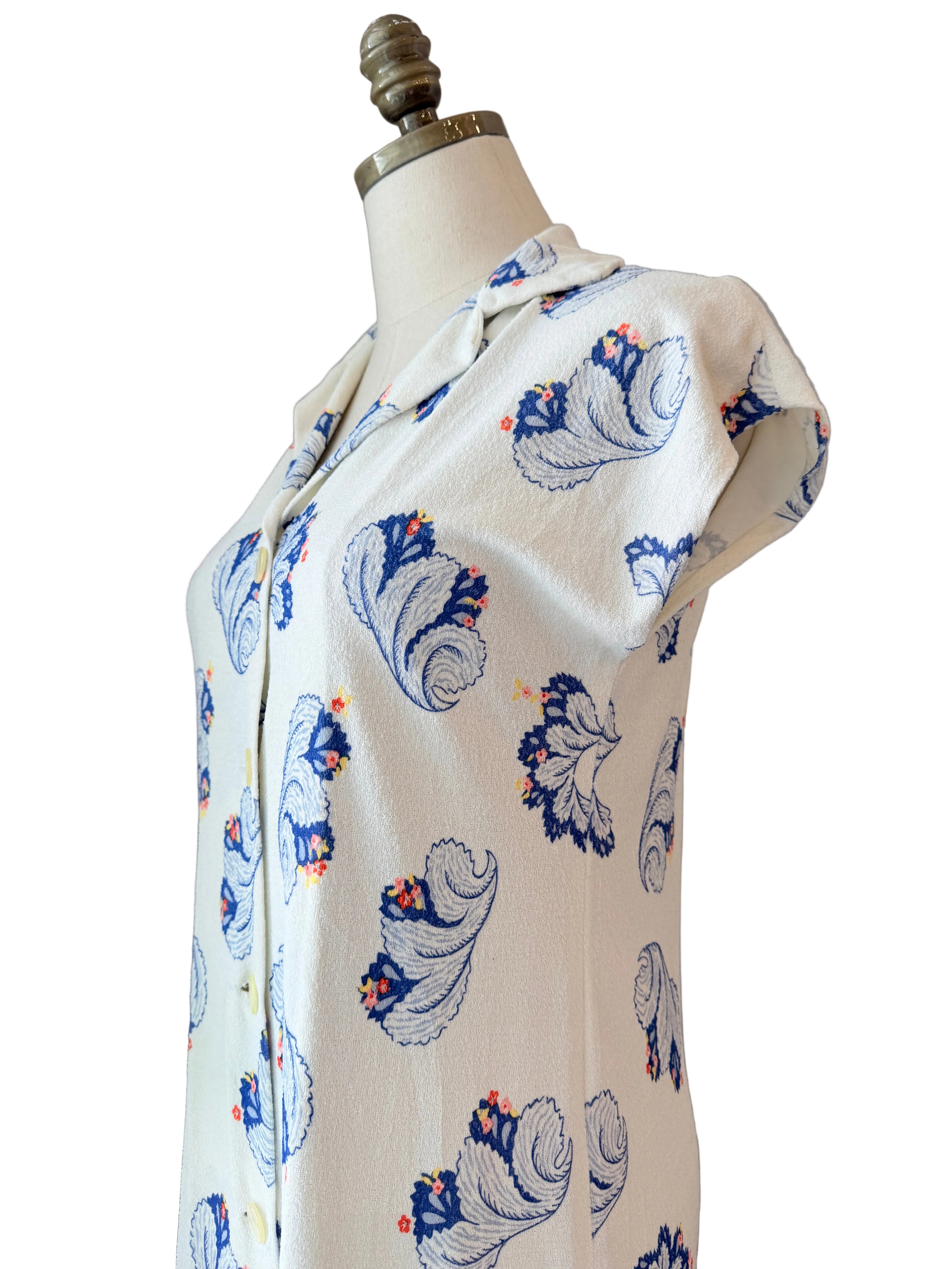1960s Terrycloth Maxi Dress with Feather plume Print & Cap Sleeves