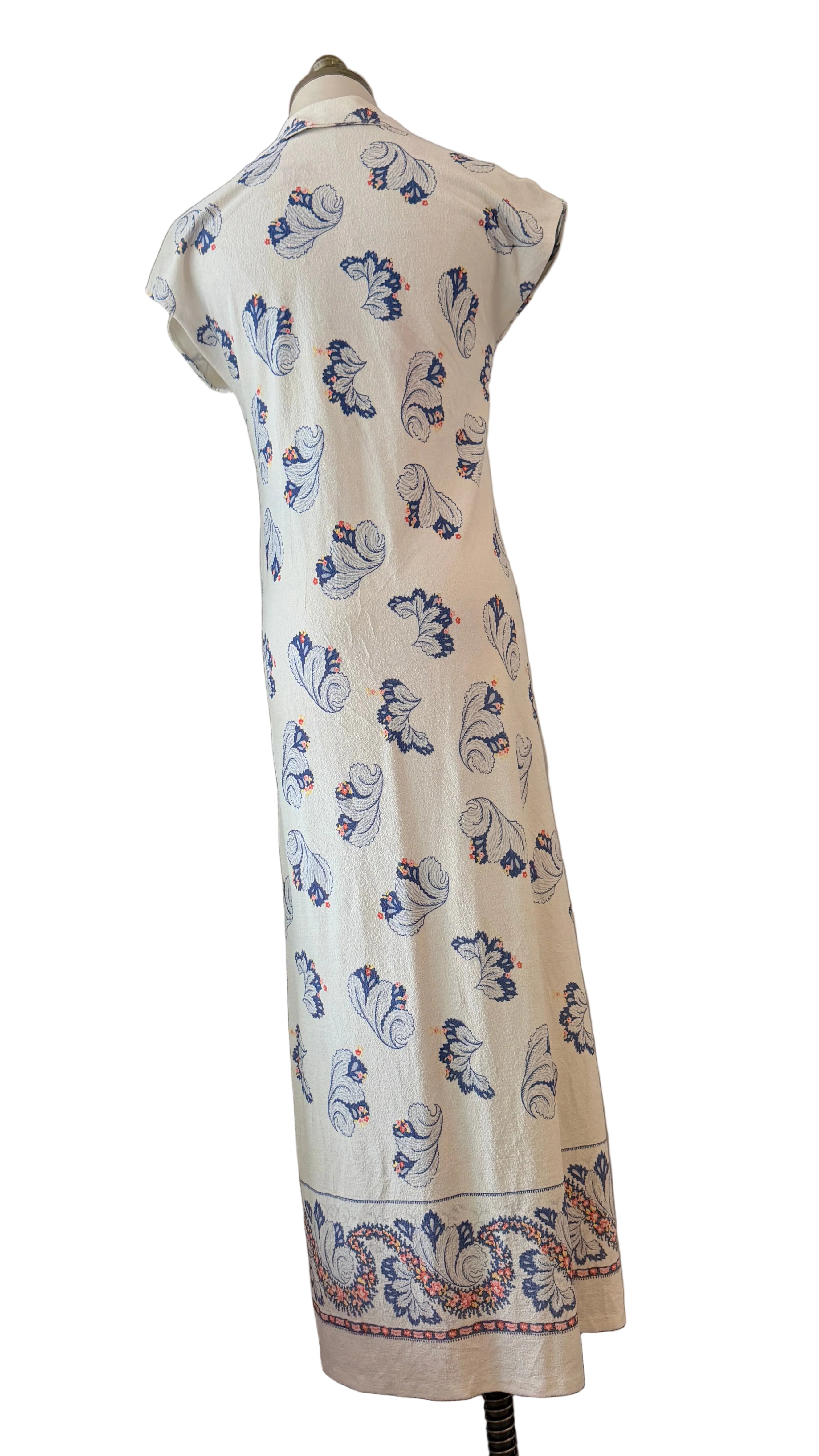 1960s Terrycloth Maxi Dress with Feather plume Print & Cap Sleeves