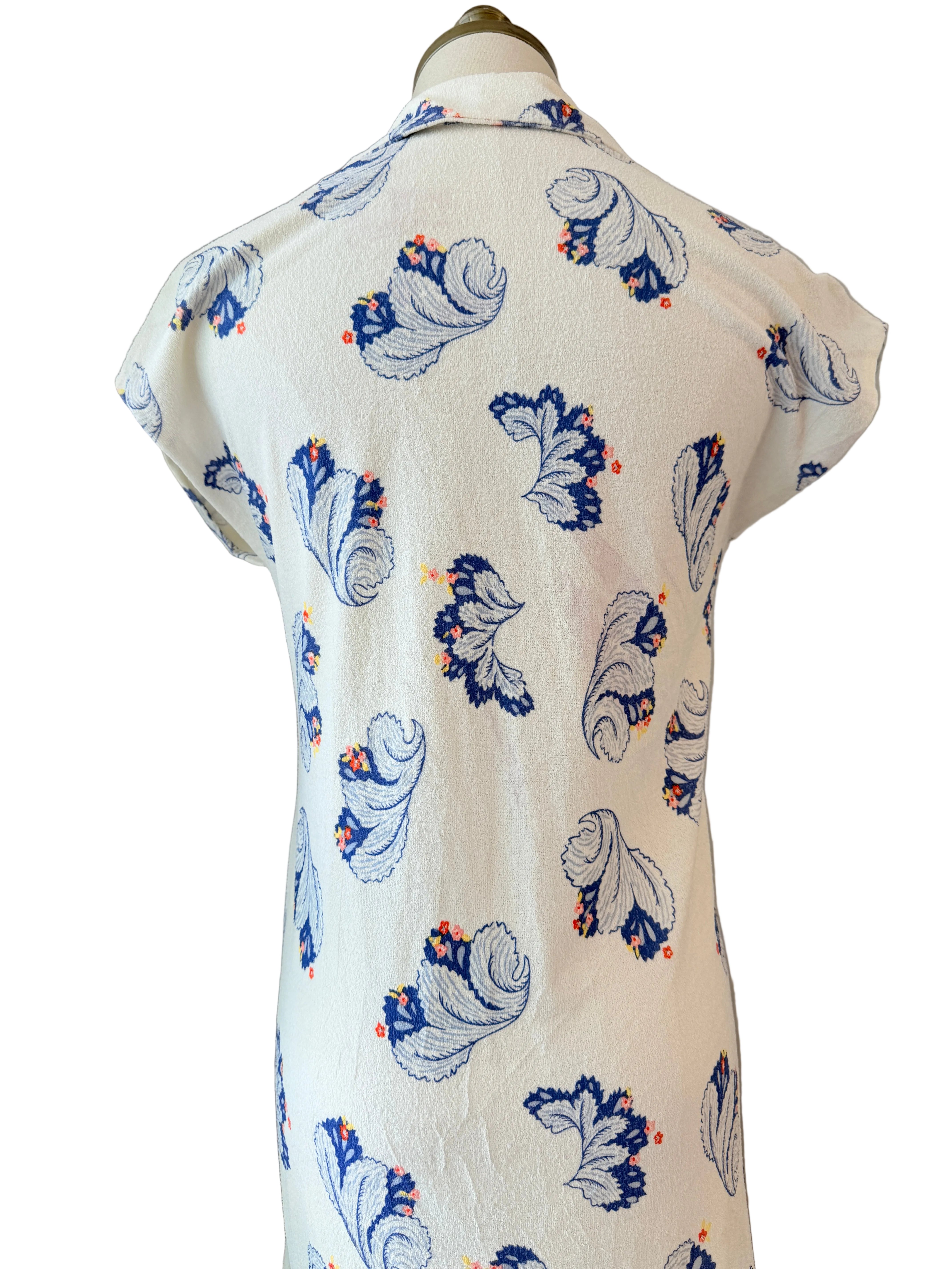 1960s Terrycloth Maxi Dress with Feather plume Print & Cap Sleeves