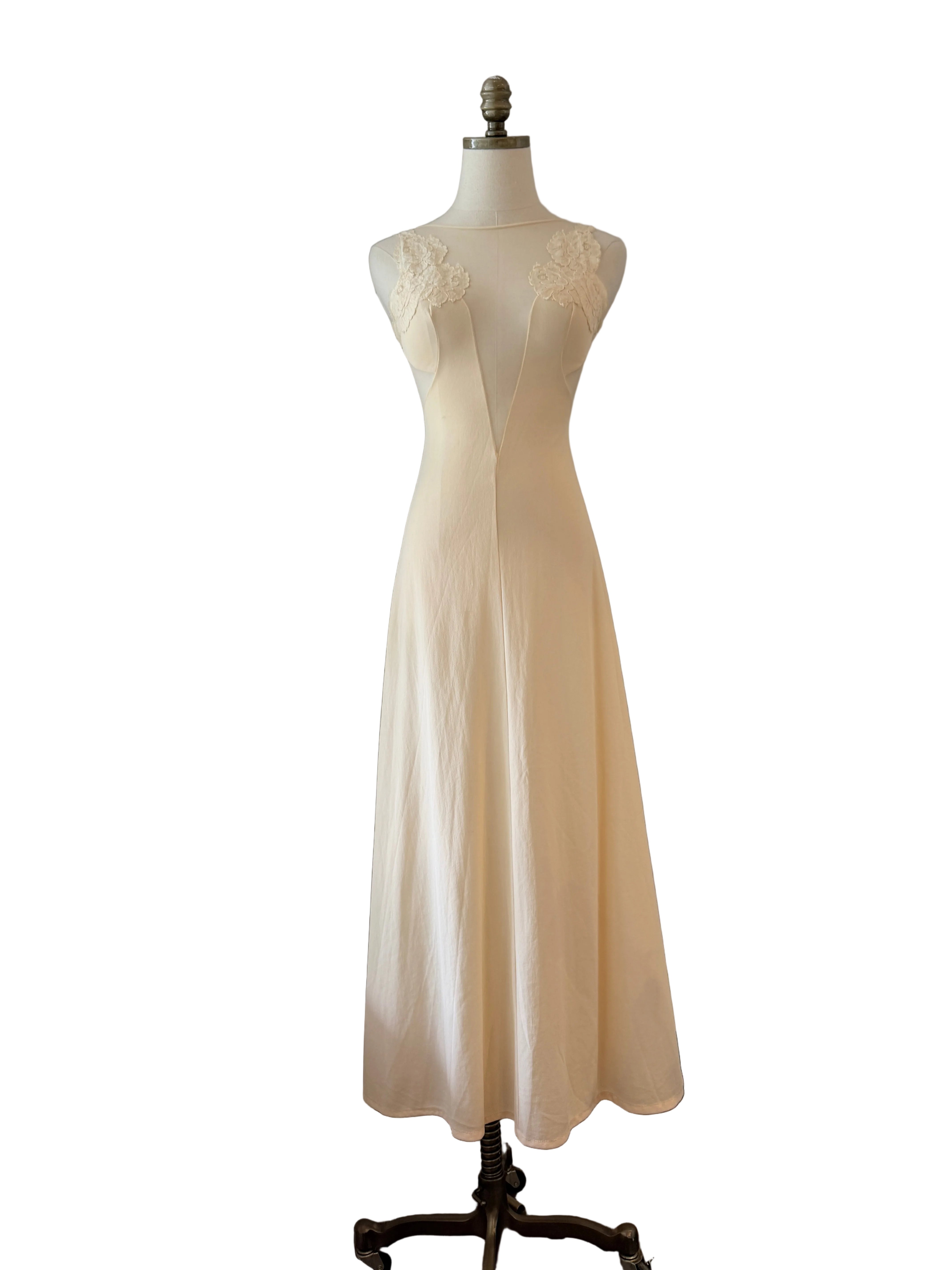 1960s Blanche by Ralph Montenero Ivory Nightgown with Sheer Lace Insets