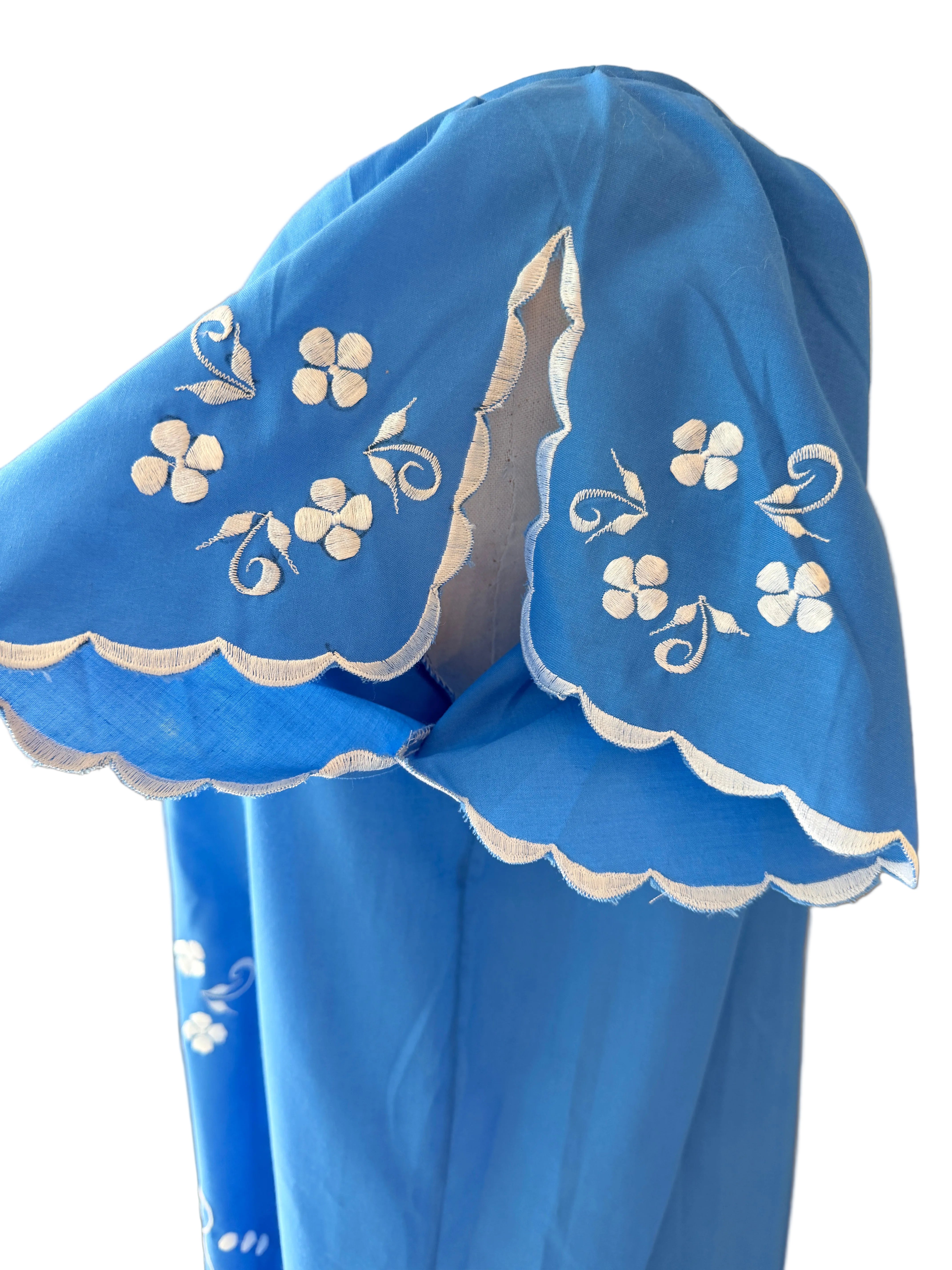1970s Blue Cotton Caftan Dress with White Floral Embroidery & Front Slit