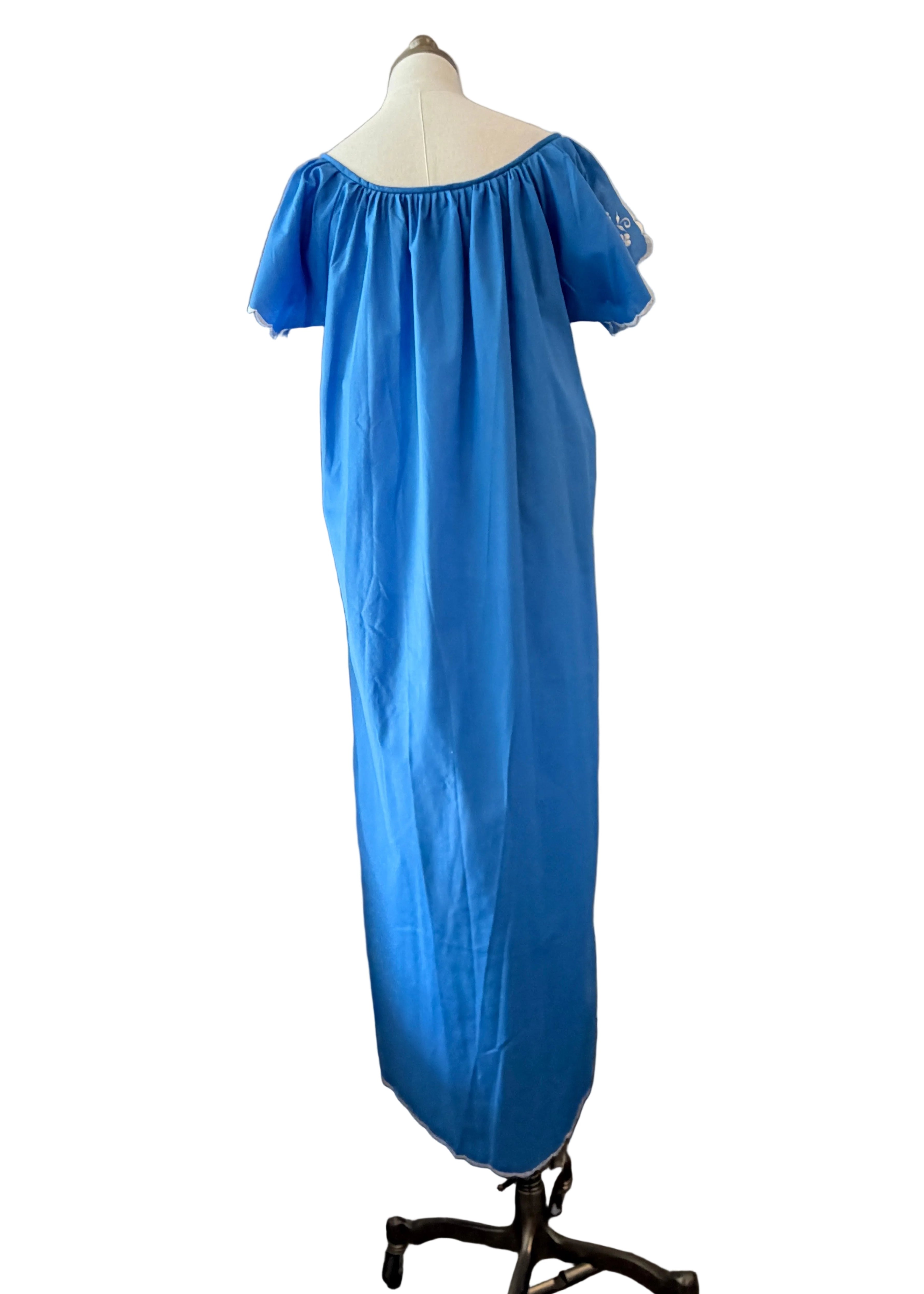 1970s Blue Cotton Caftan Dress with White Floral Embroidery & Front Slit