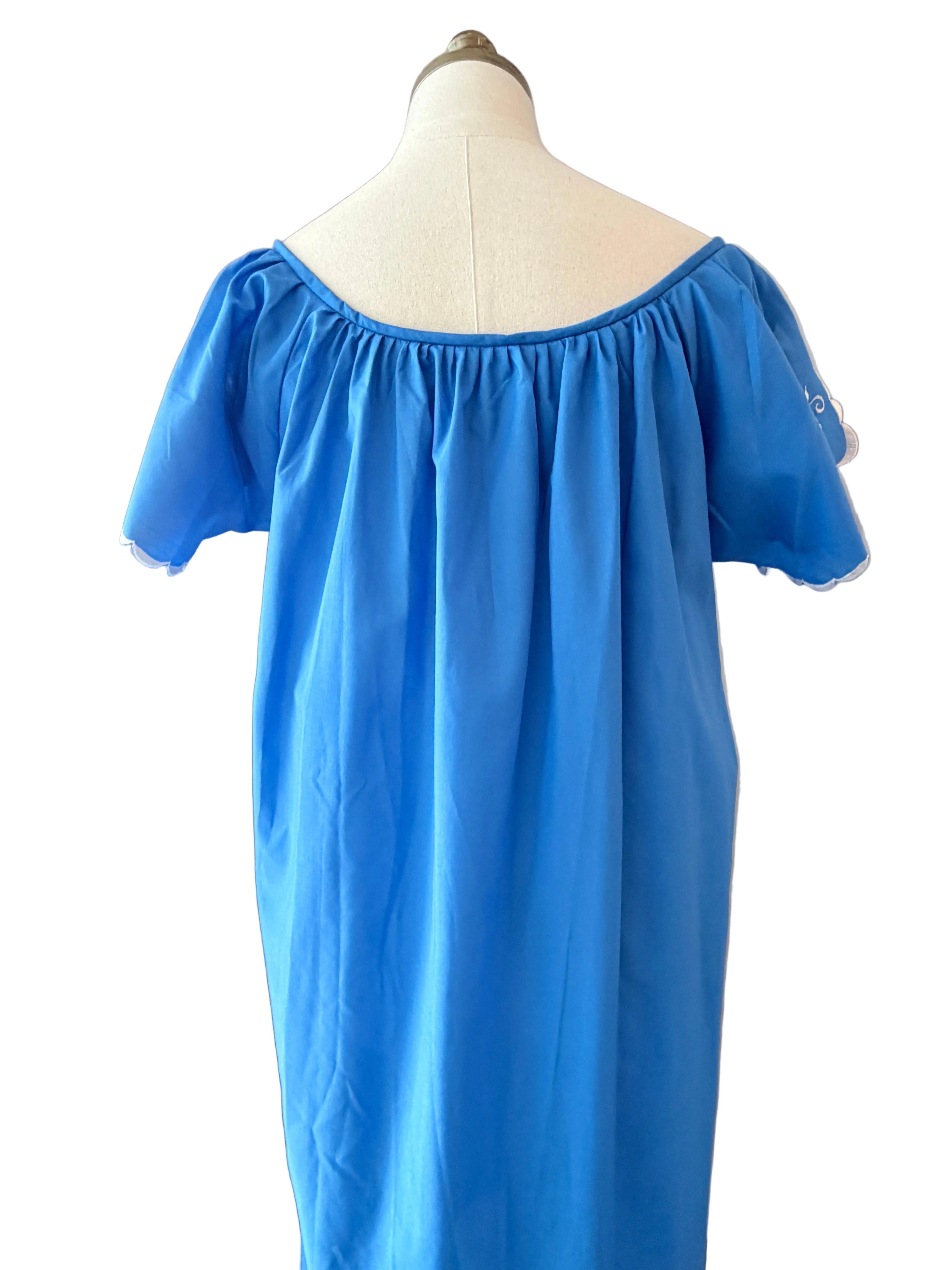 1970s Blue Cotton Caftan Dress with White Floral Embroidery & Front Slit