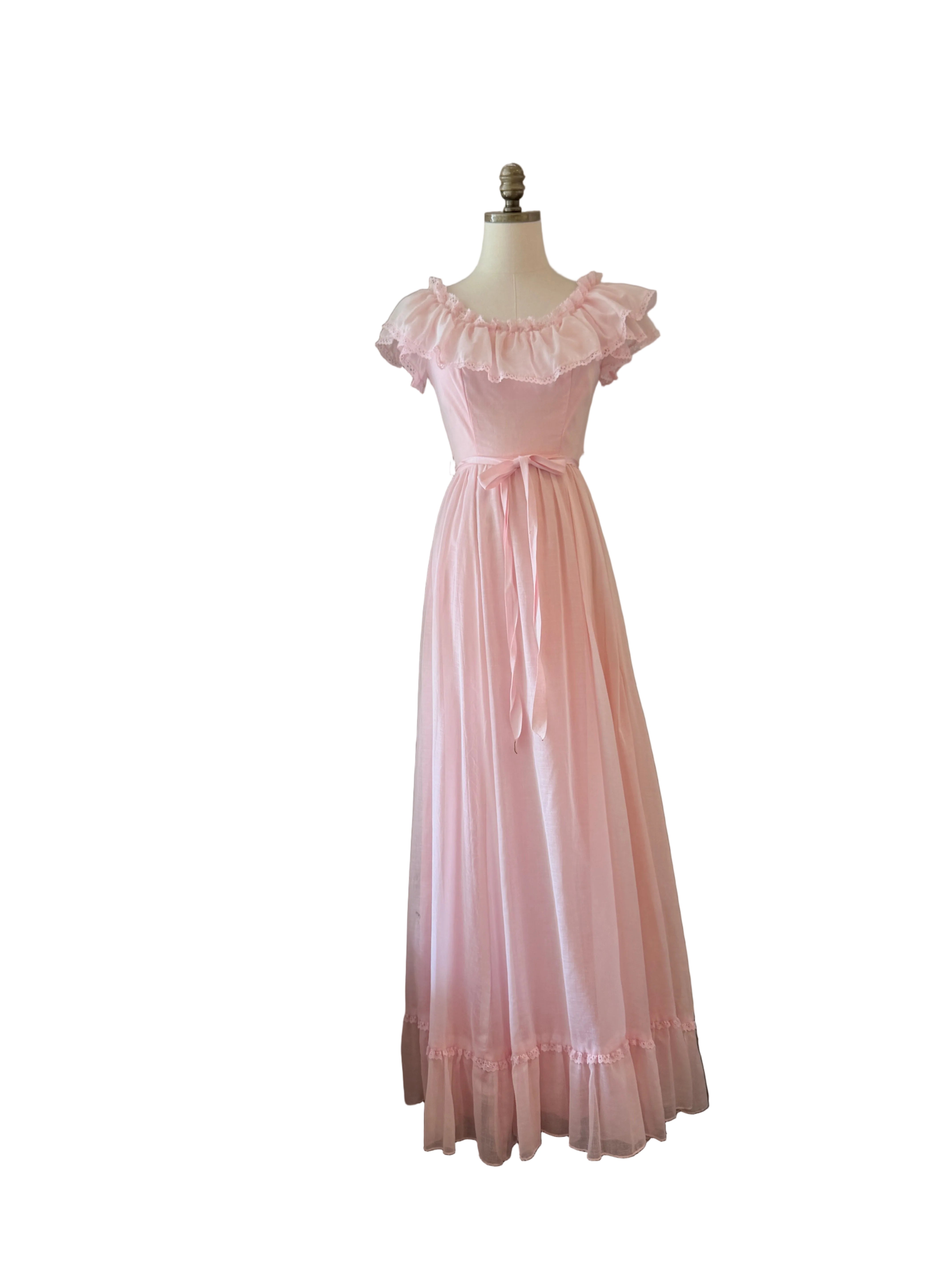 1970s Off-the-Shoulder Cotton Maxi Dress with Ruffle Trim &amp; Satin Sash