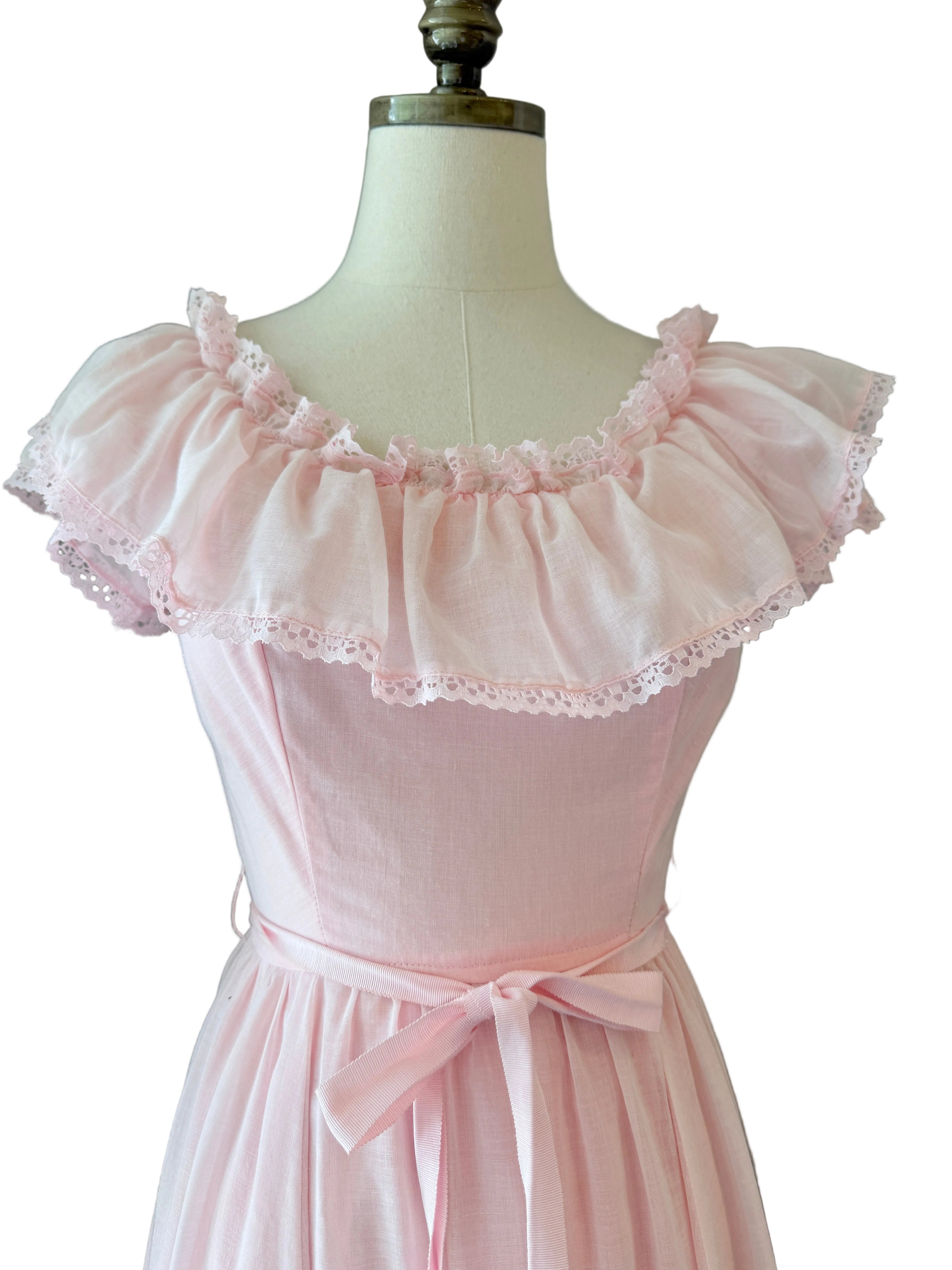 1970s Off-the-Shoulder Cotton Maxi Dress with Ruffle Trim &amp; Satin Sash