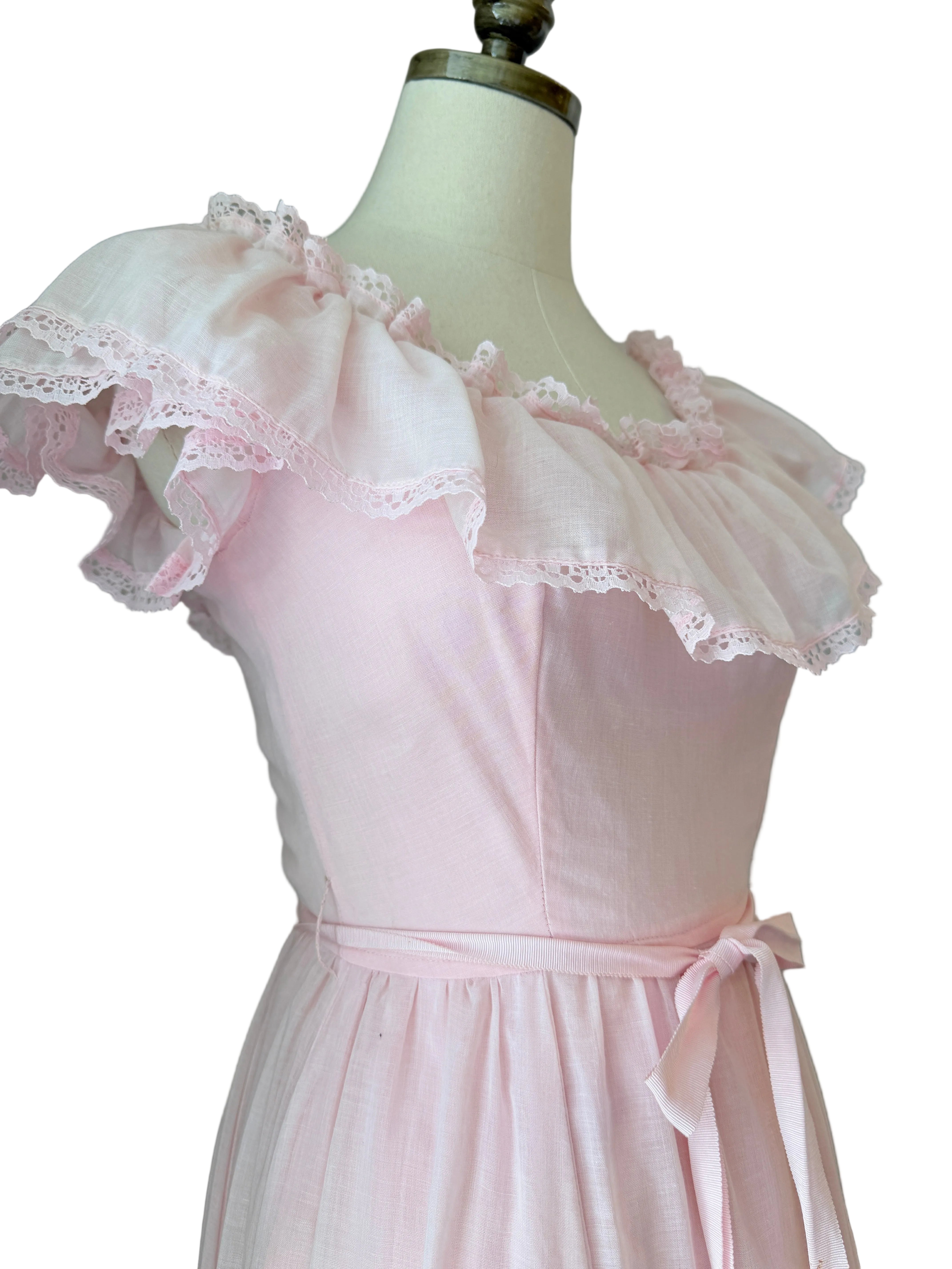 1970s Off-the-Shoulder Cotton Maxi Dress with Ruffle Trim &amp; Satin Sash