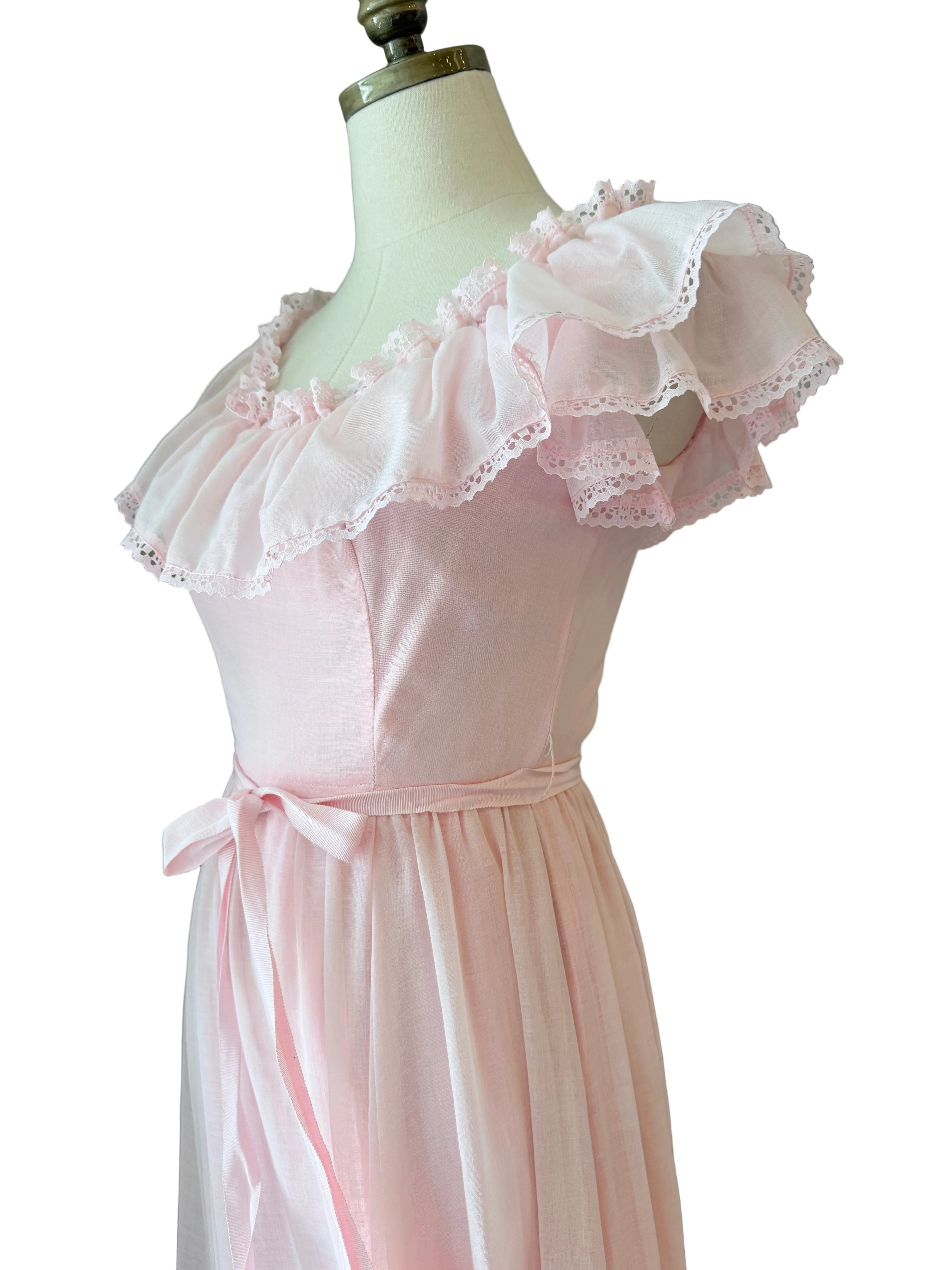 1970s Off-the-Shoulder Cotton Maxi Dress with Ruffle Trim &amp; Satin Sash