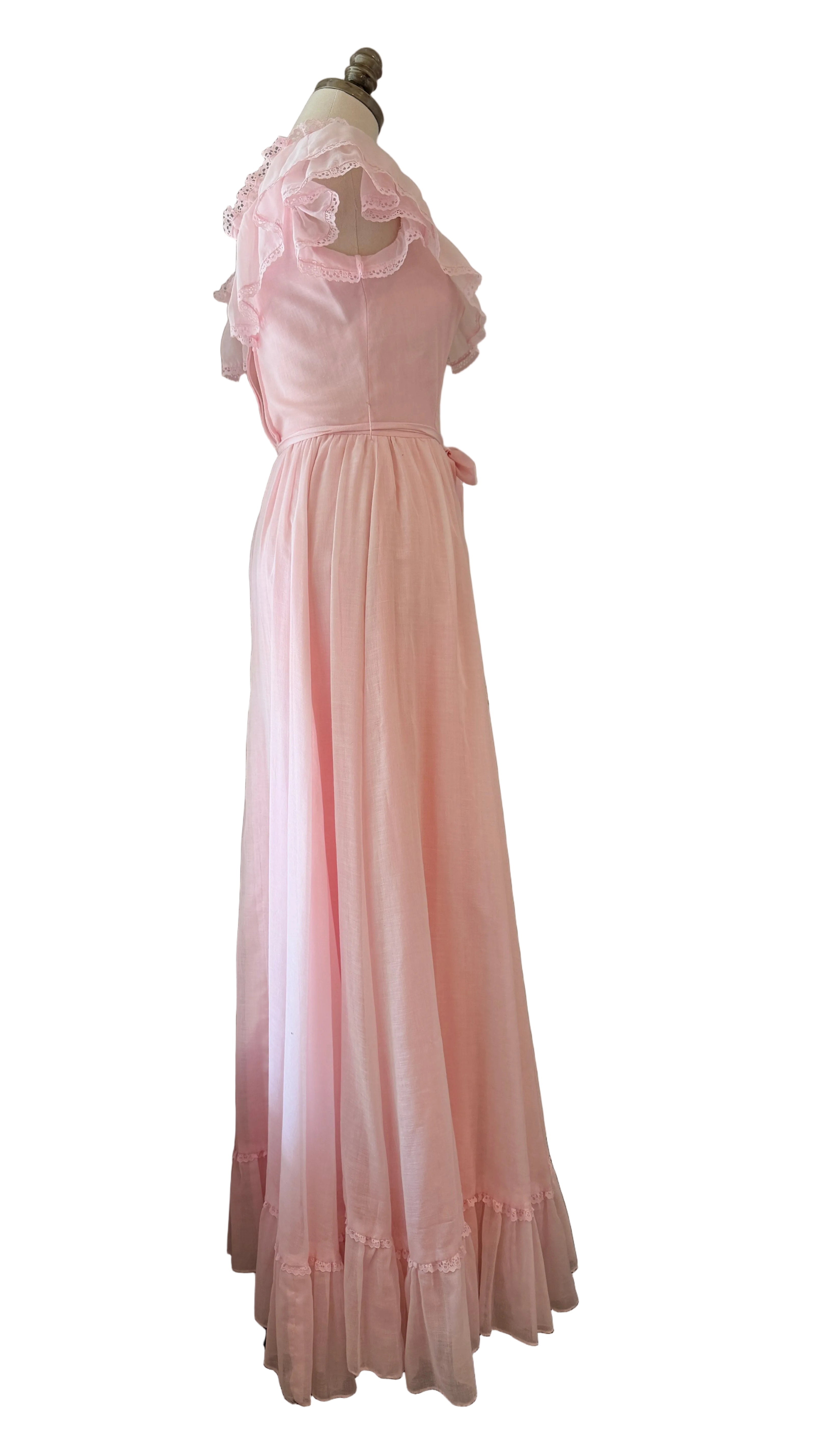 1970s Off-the-Shoulder Cotton Maxi Dress with Ruffle Trim &amp; Satin Sash