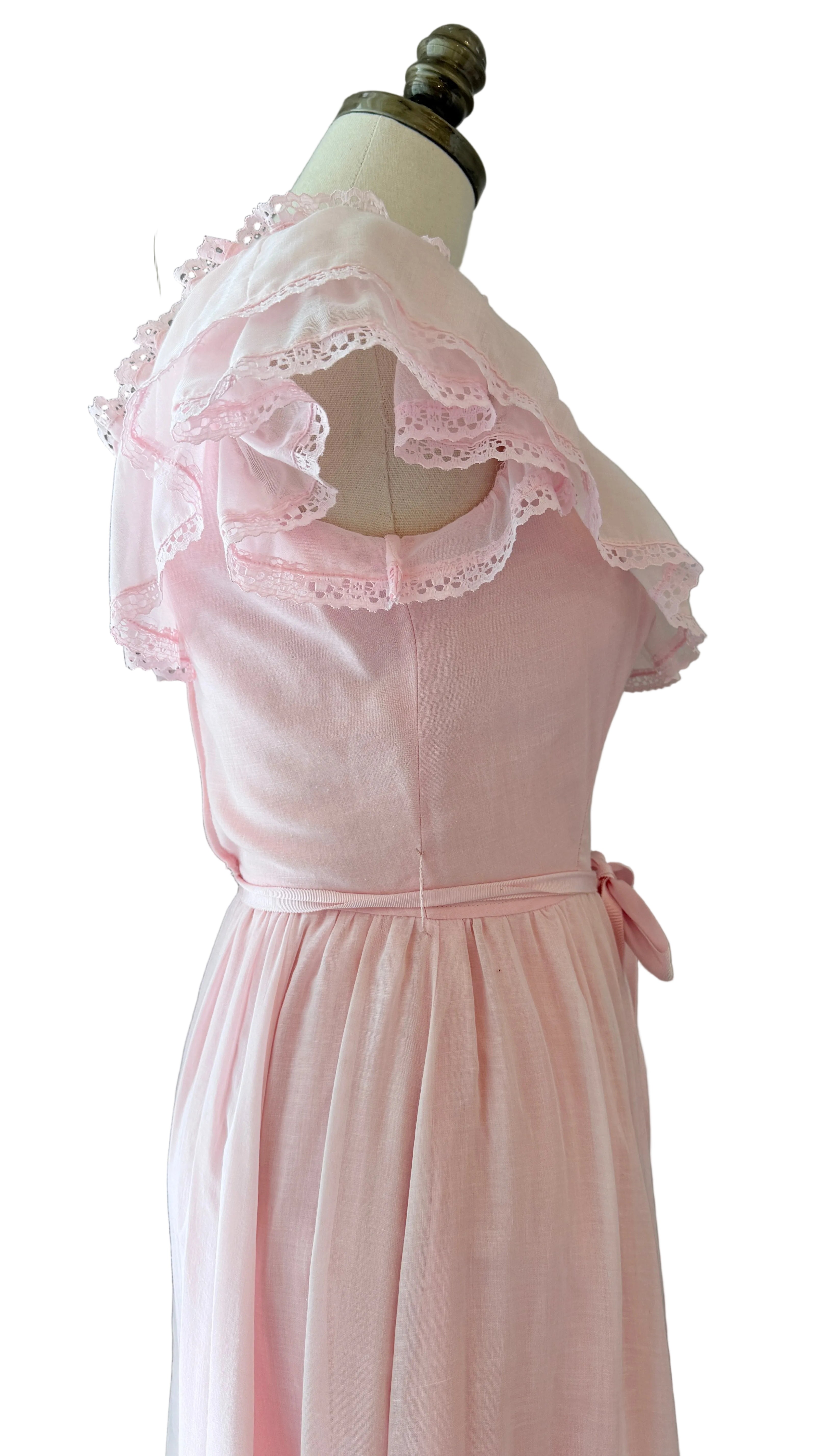 1970s Off-the-Shoulder Cotton Maxi Dress with Ruffle Trim &amp; Satin Sash