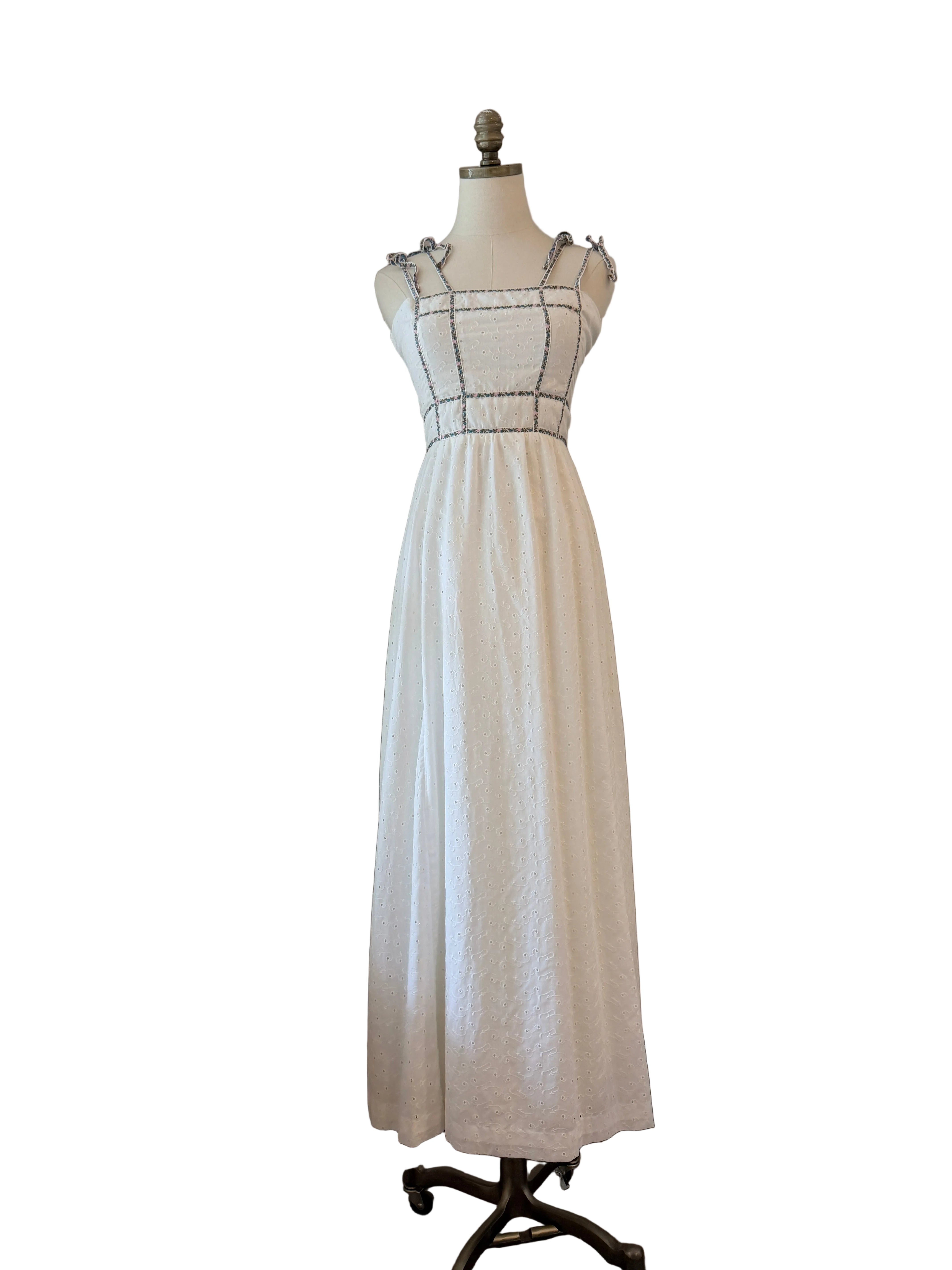 1970s White Cotton Eyelet Maxi Dress with Floral Ribbonwork Bodice