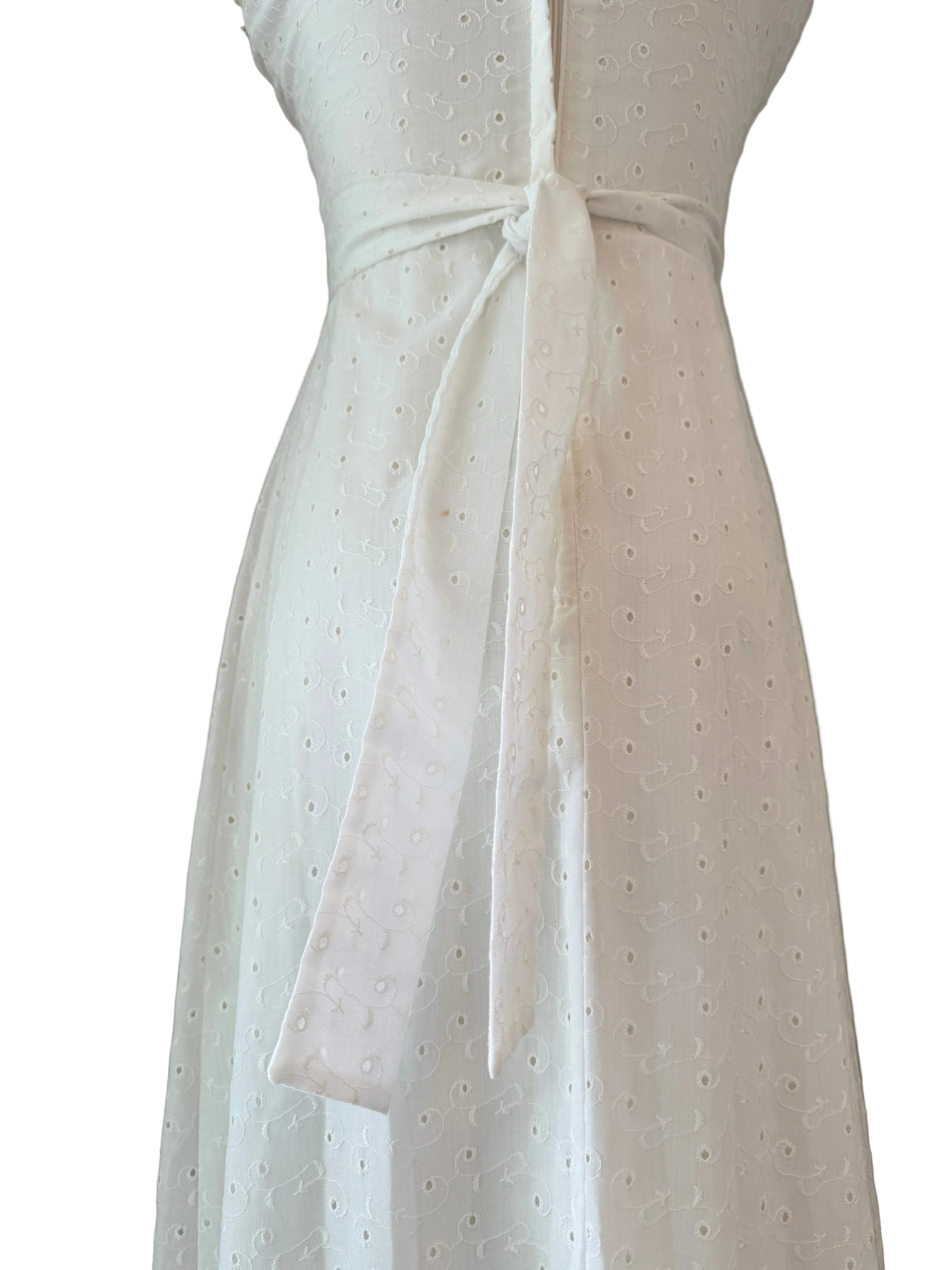 1970s White Cotton Eyelet Maxi Dress with Floral Ribbonwork Bodice
