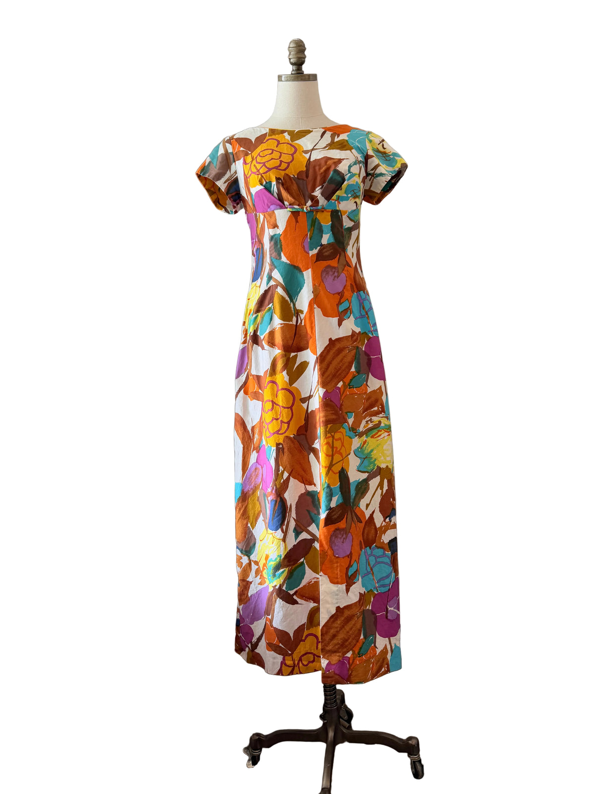 1960s Alice Polynesian Fashions Floral Empire-Waist Cotton Maxi Dress