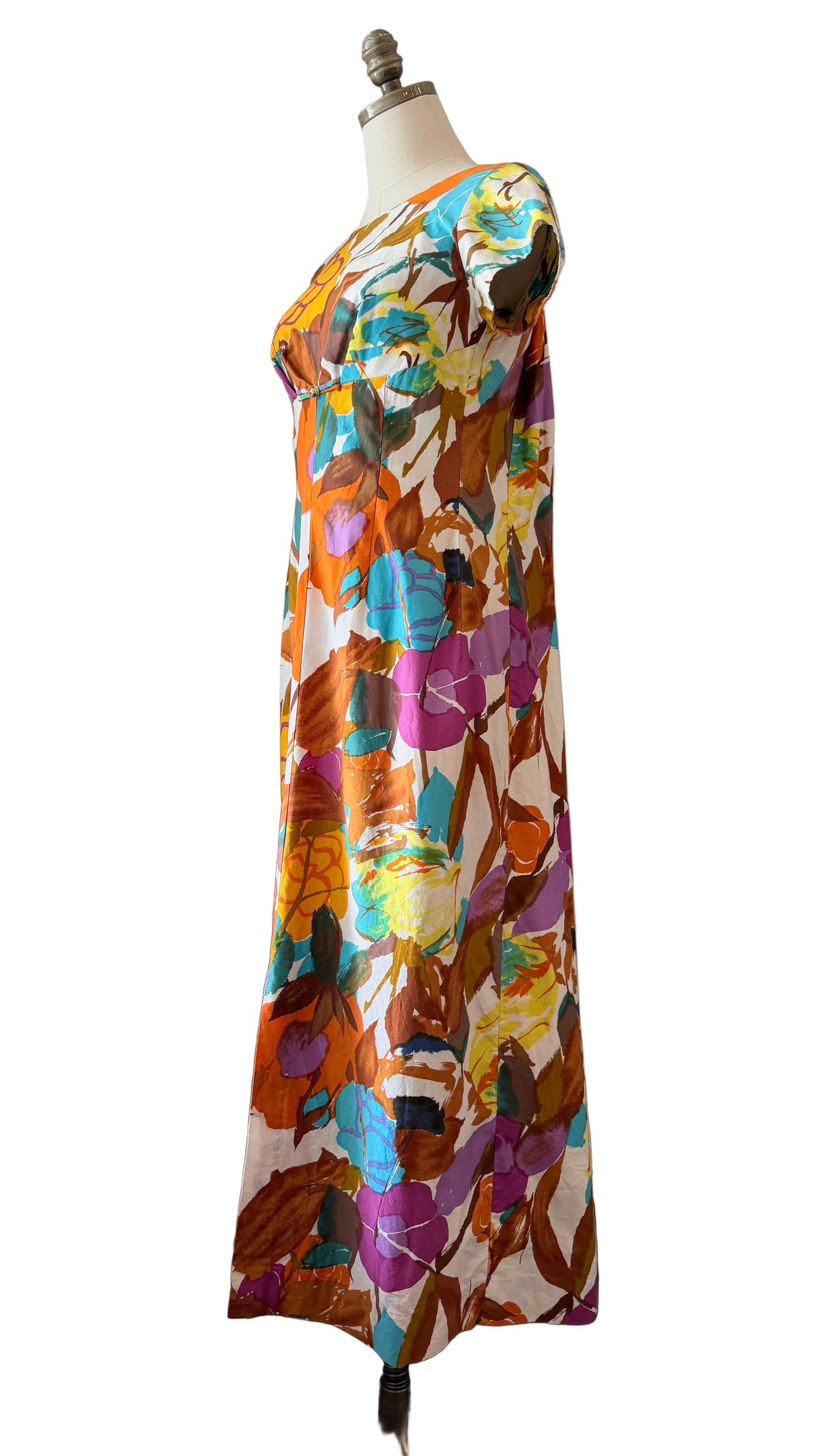 1960s Alice Polynesian Fashions Floral Empire-Waist Cotton Maxi Dress
