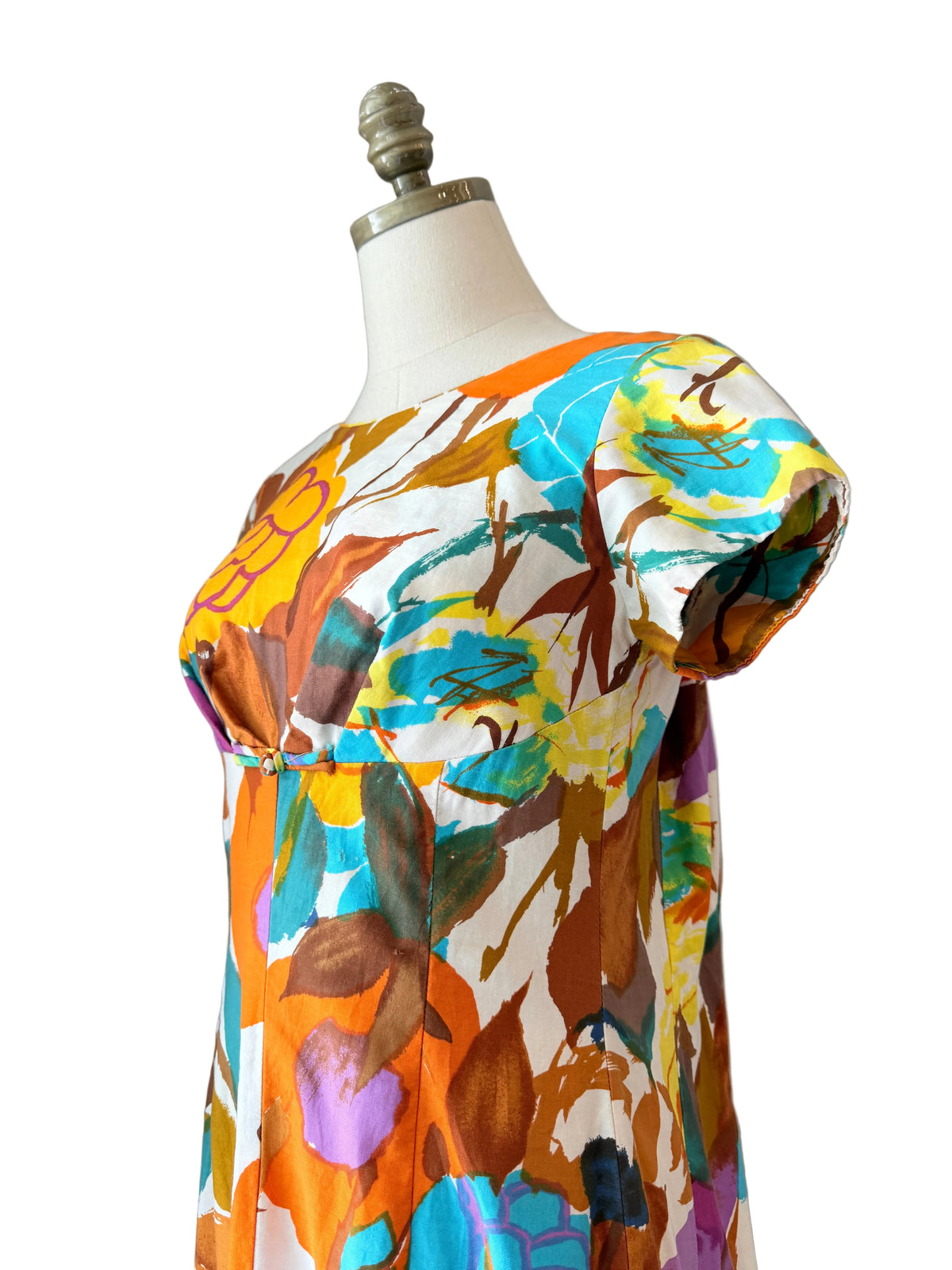 1960s Alice Polynesian Fashions Floral Empire-Waist Cotton Maxi Dress