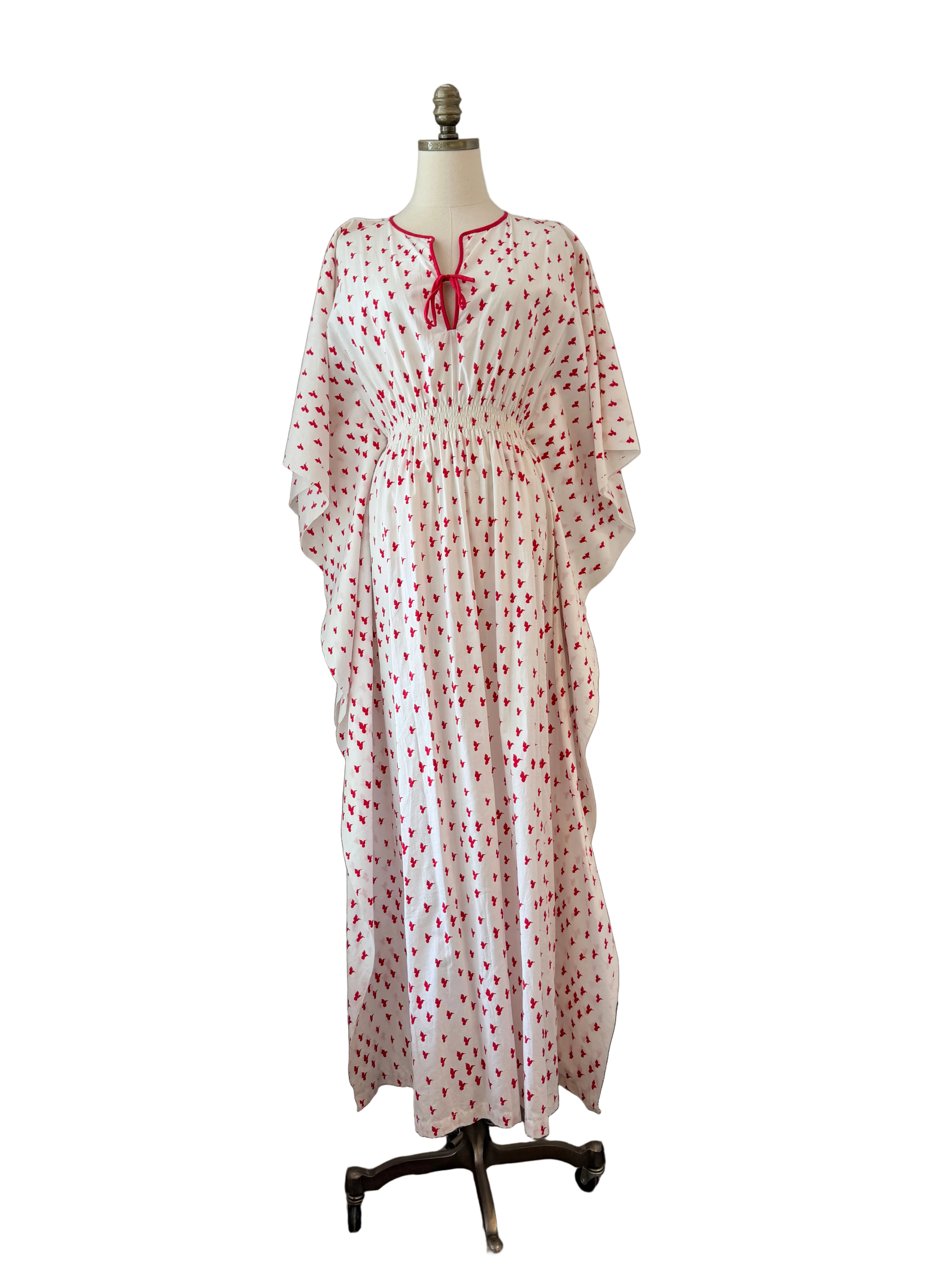 1970s White Cotton Caftan Dress with Red Bird Print & Piped Trim
