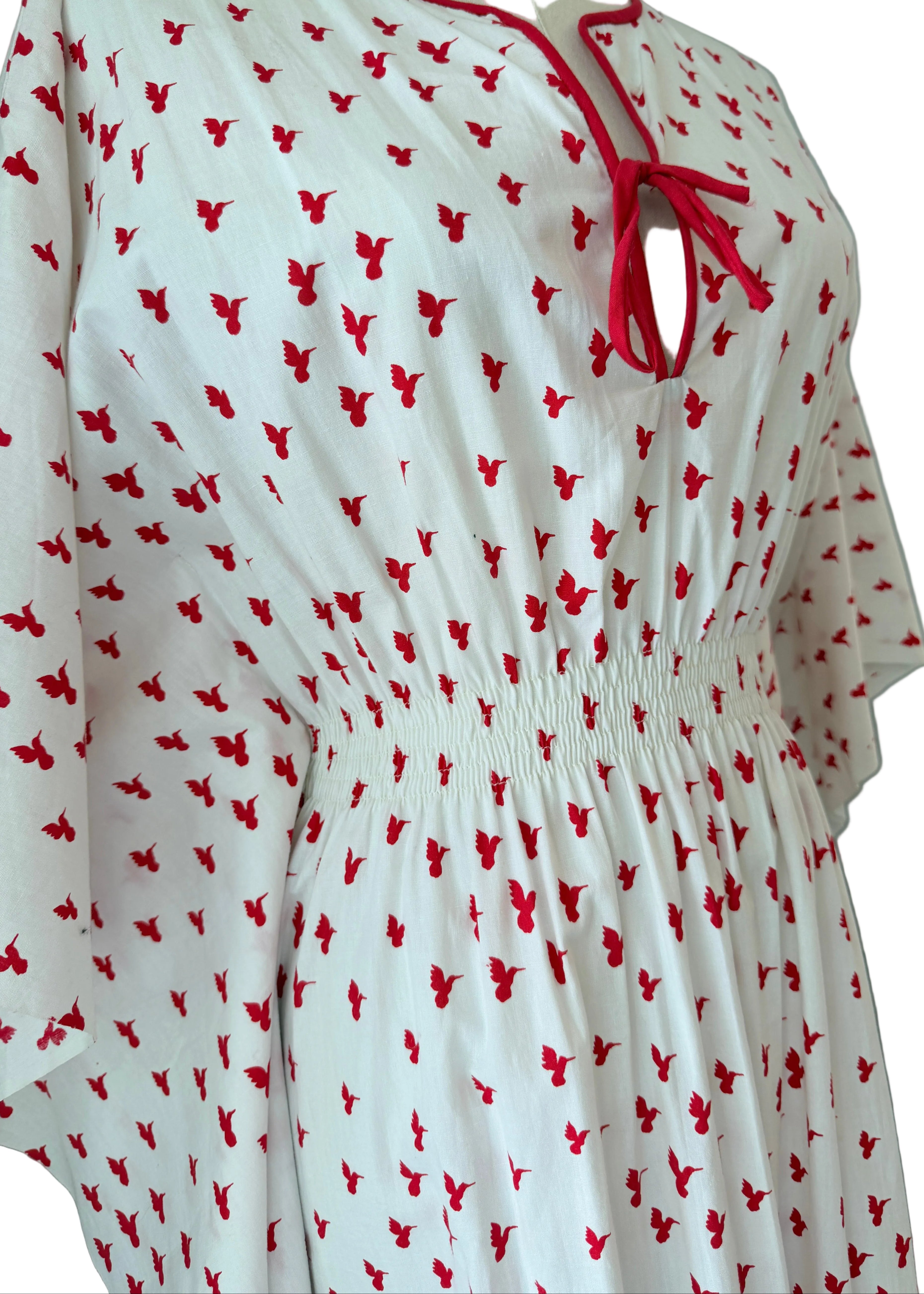 1970s White Cotton Caftan Dress with Red Bird Print & Piped Trim