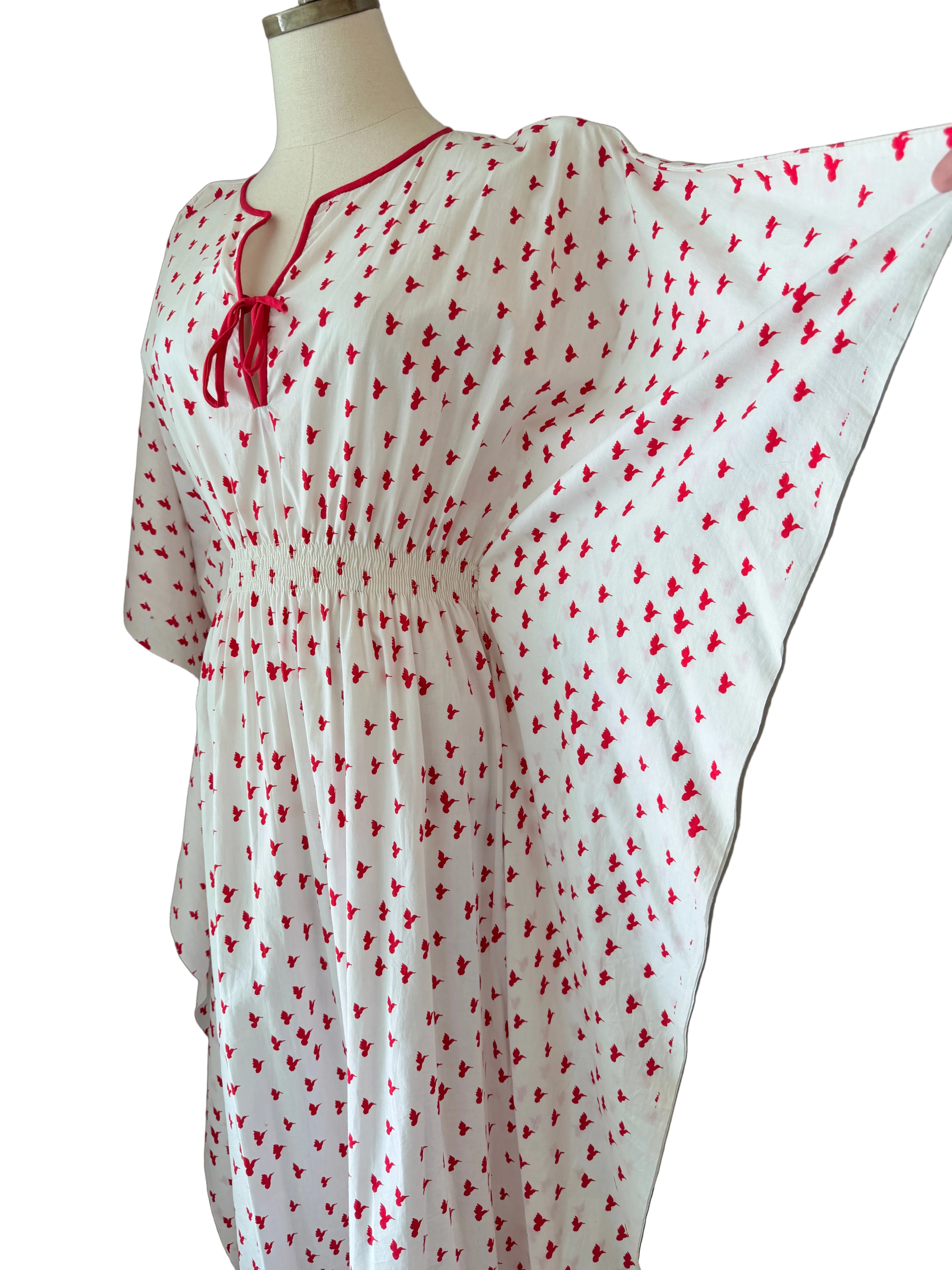1970s White Cotton Caftan Dress with Red Bird Print & Piped Trim
