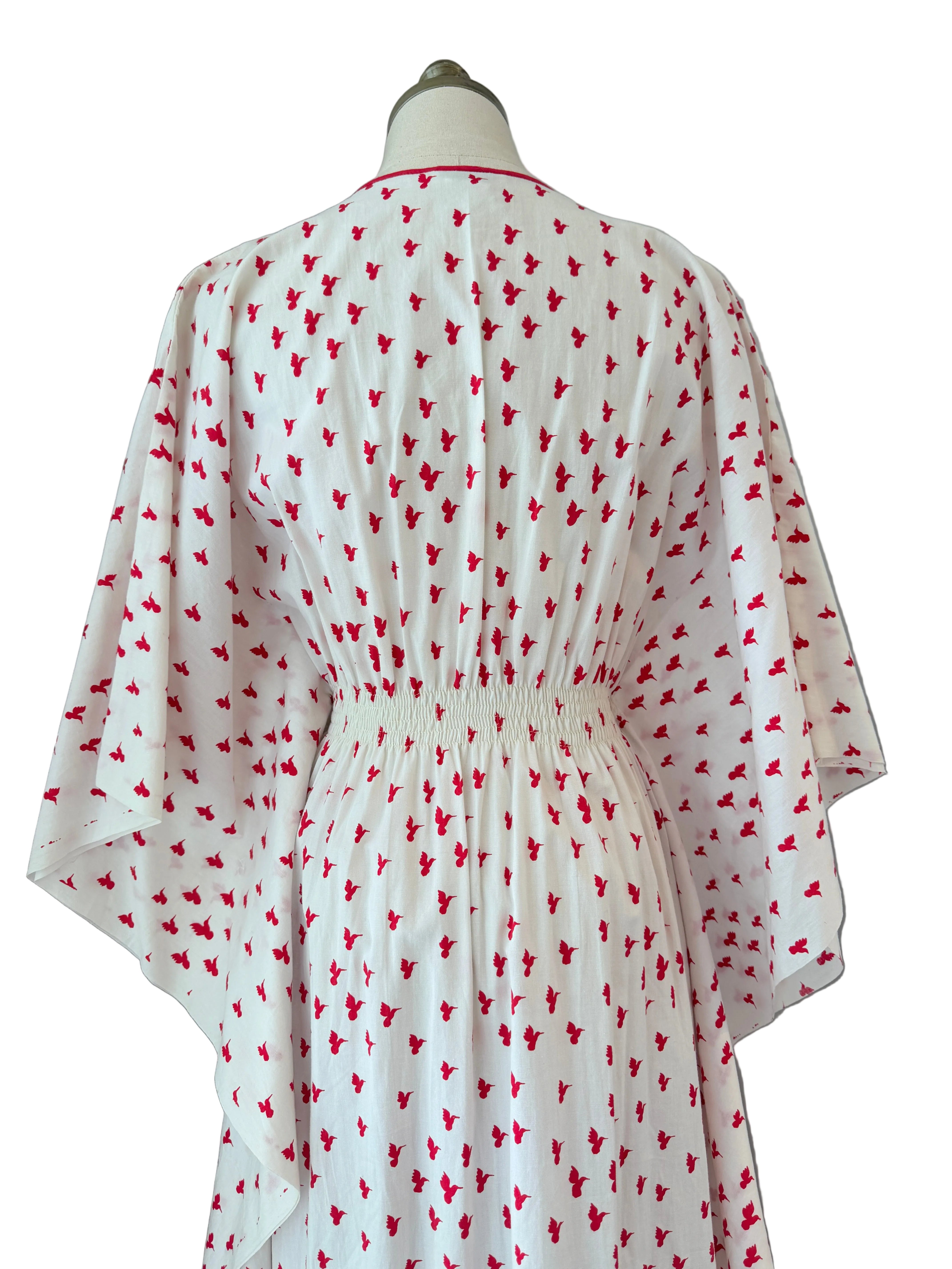 1970s White Cotton Caftan Dress with Red Bird Print & Piped Trim