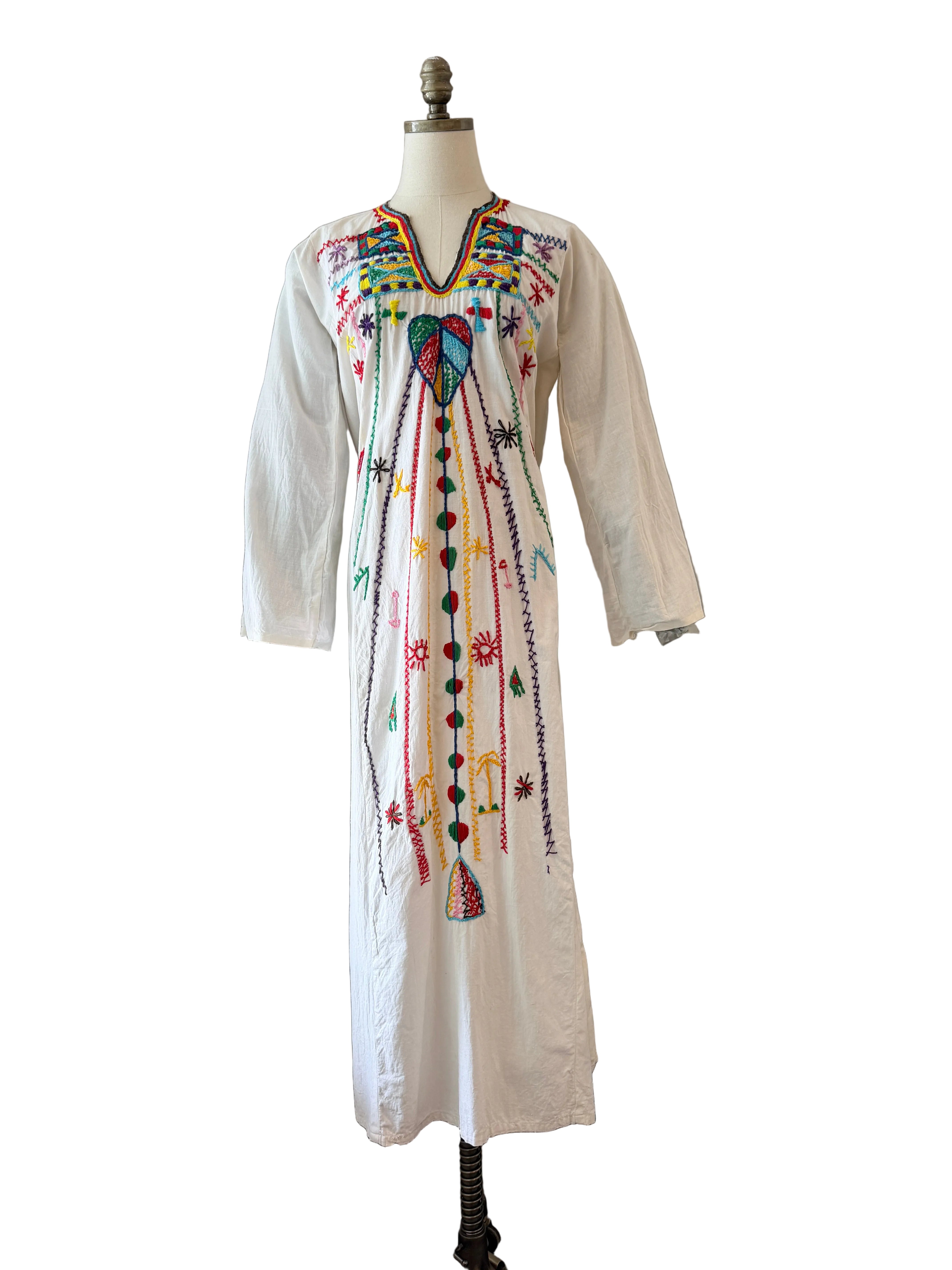 1970s Cotton Maxi Tunic Dress with Primary Color Embroidery