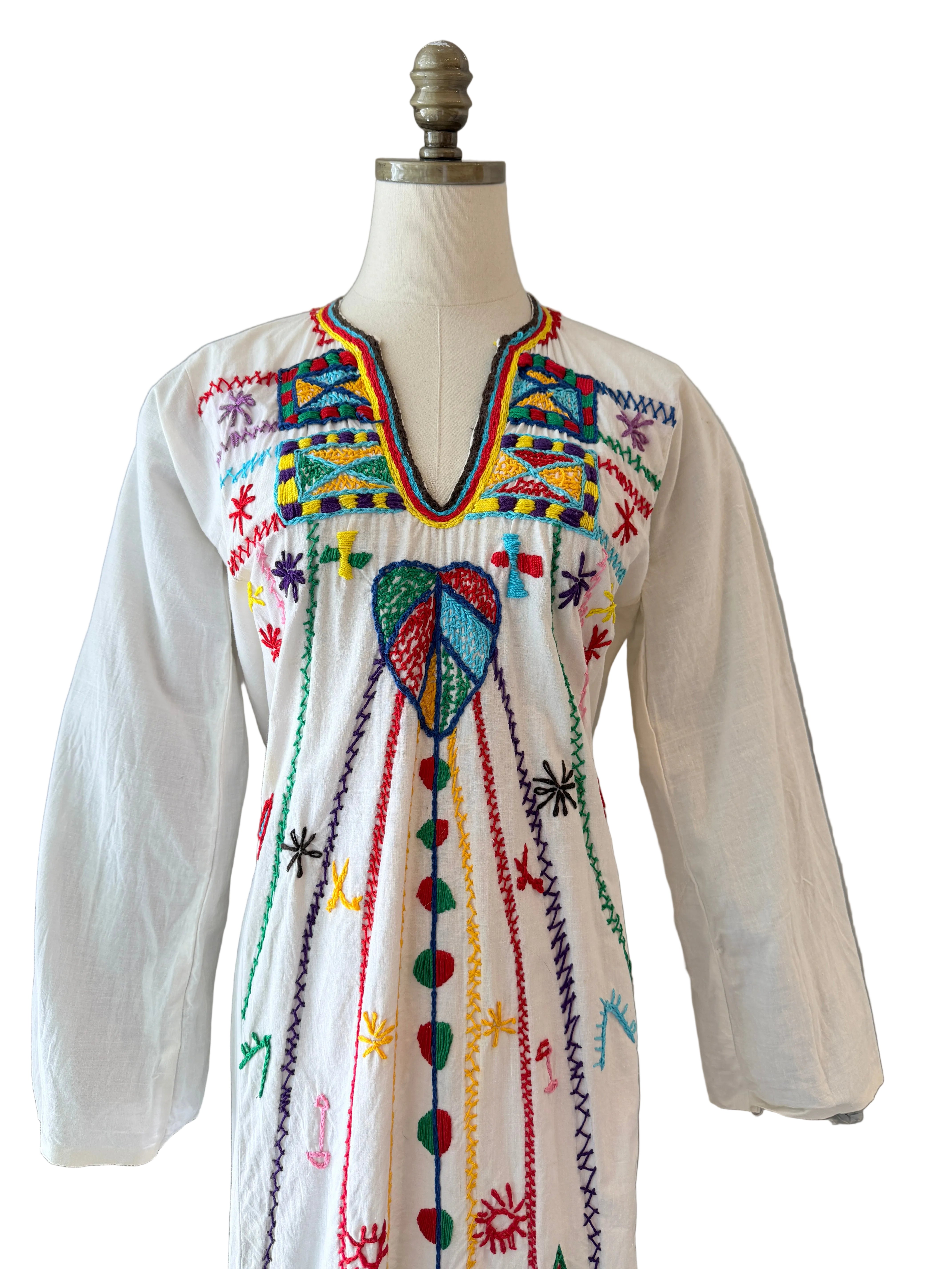 1970s Cotton Maxi Tunic Dress with Primary Color Embroidery