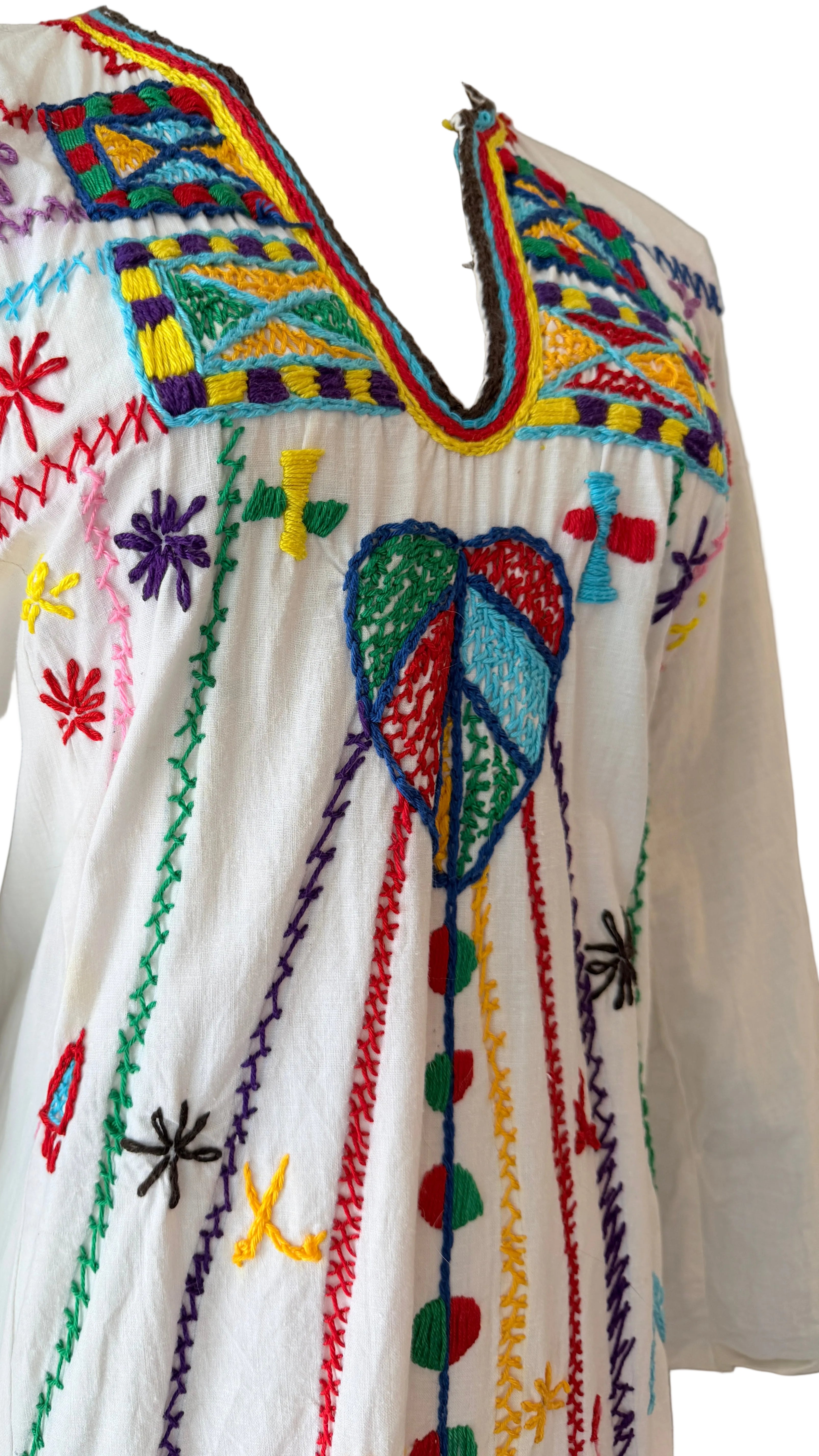 1970s Cotton Maxi Tunic Dress with Primary Color Embroidery