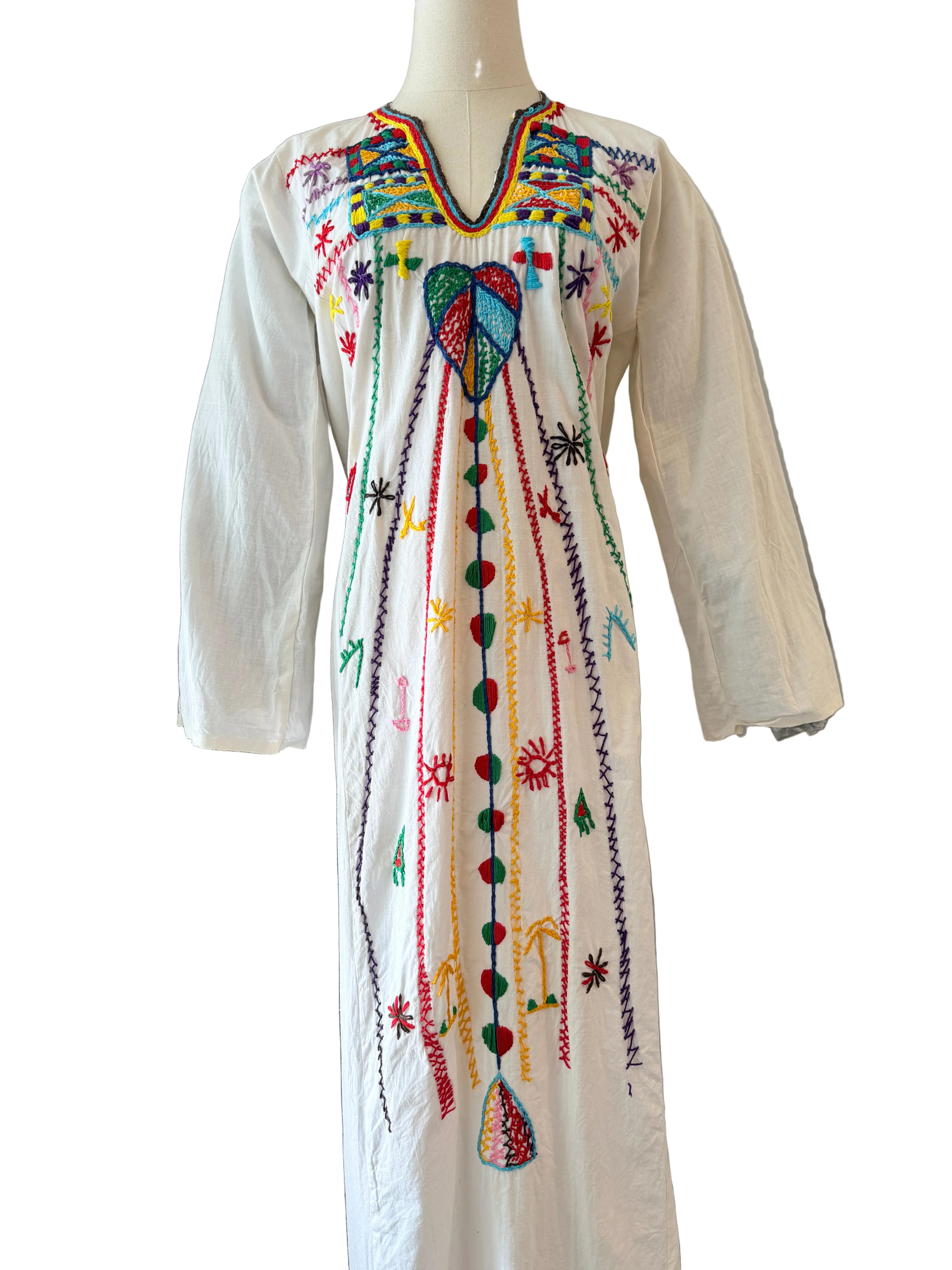 1970s Cotton Maxi Tunic Dress with Primary Color Embroidery