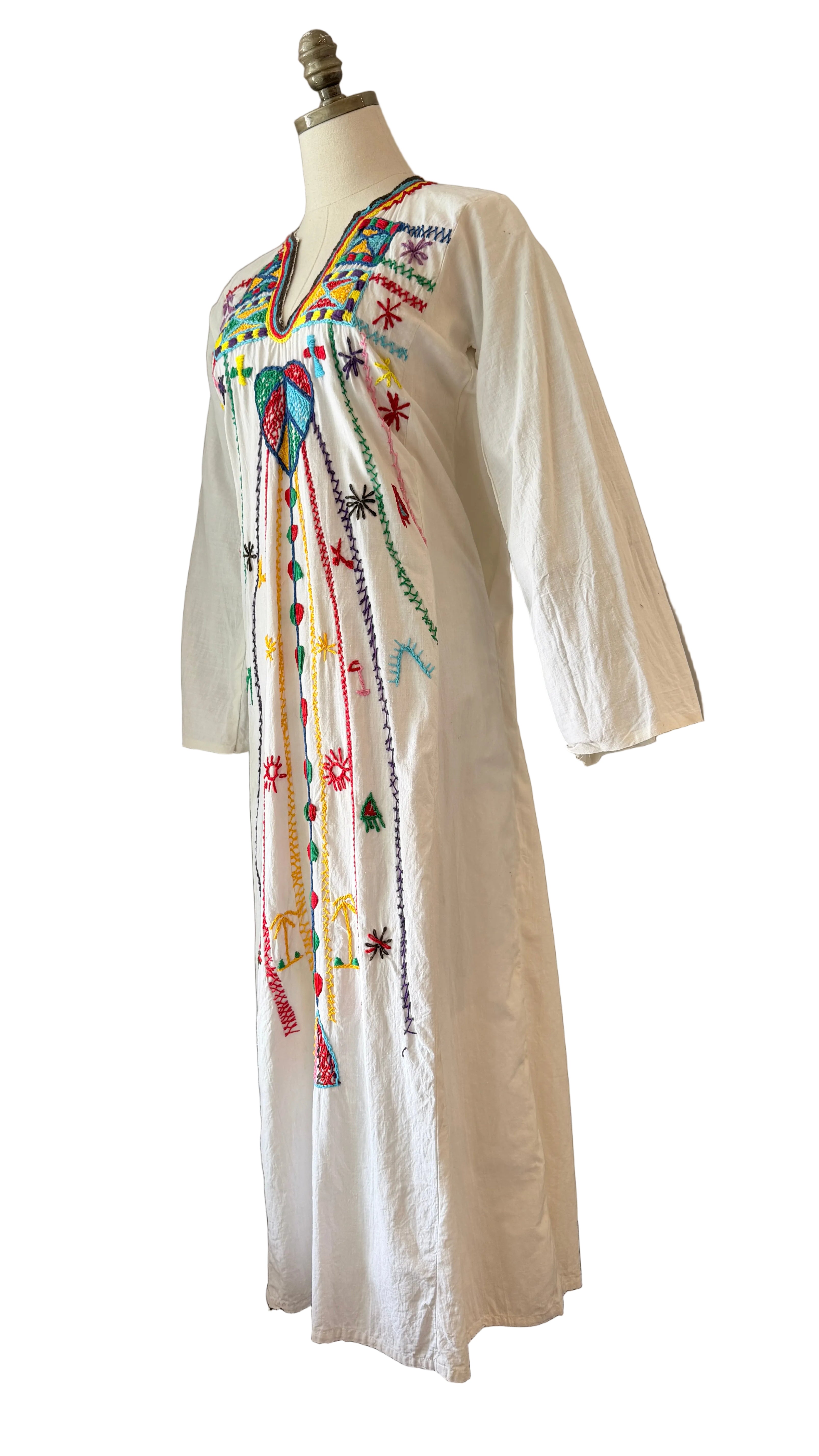 1970s Cotton Maxi Tunic Dress with Primary Color Embroidery