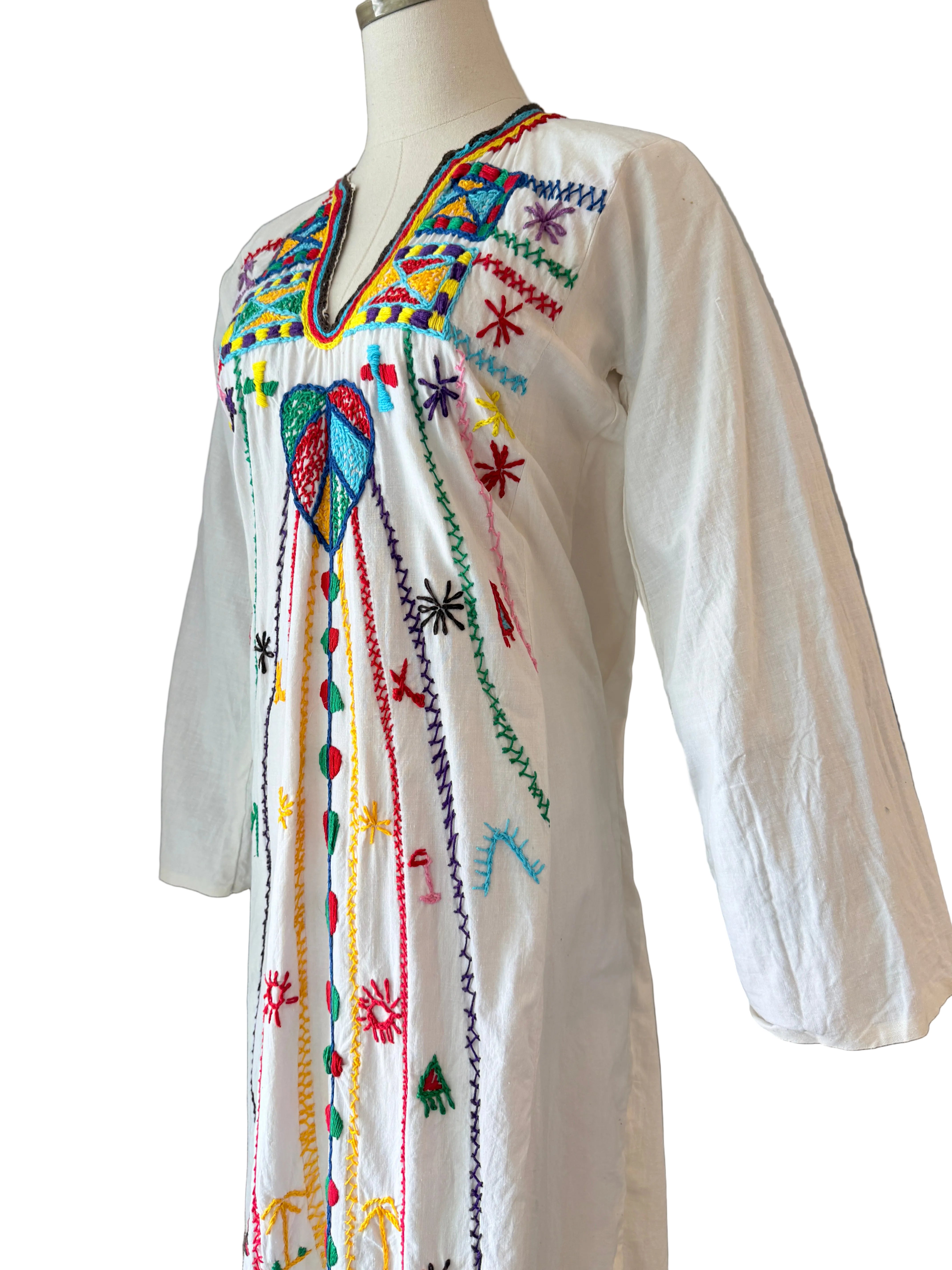 1970s Cotton Maxi Tunic Dress with Primary Color Embroidery