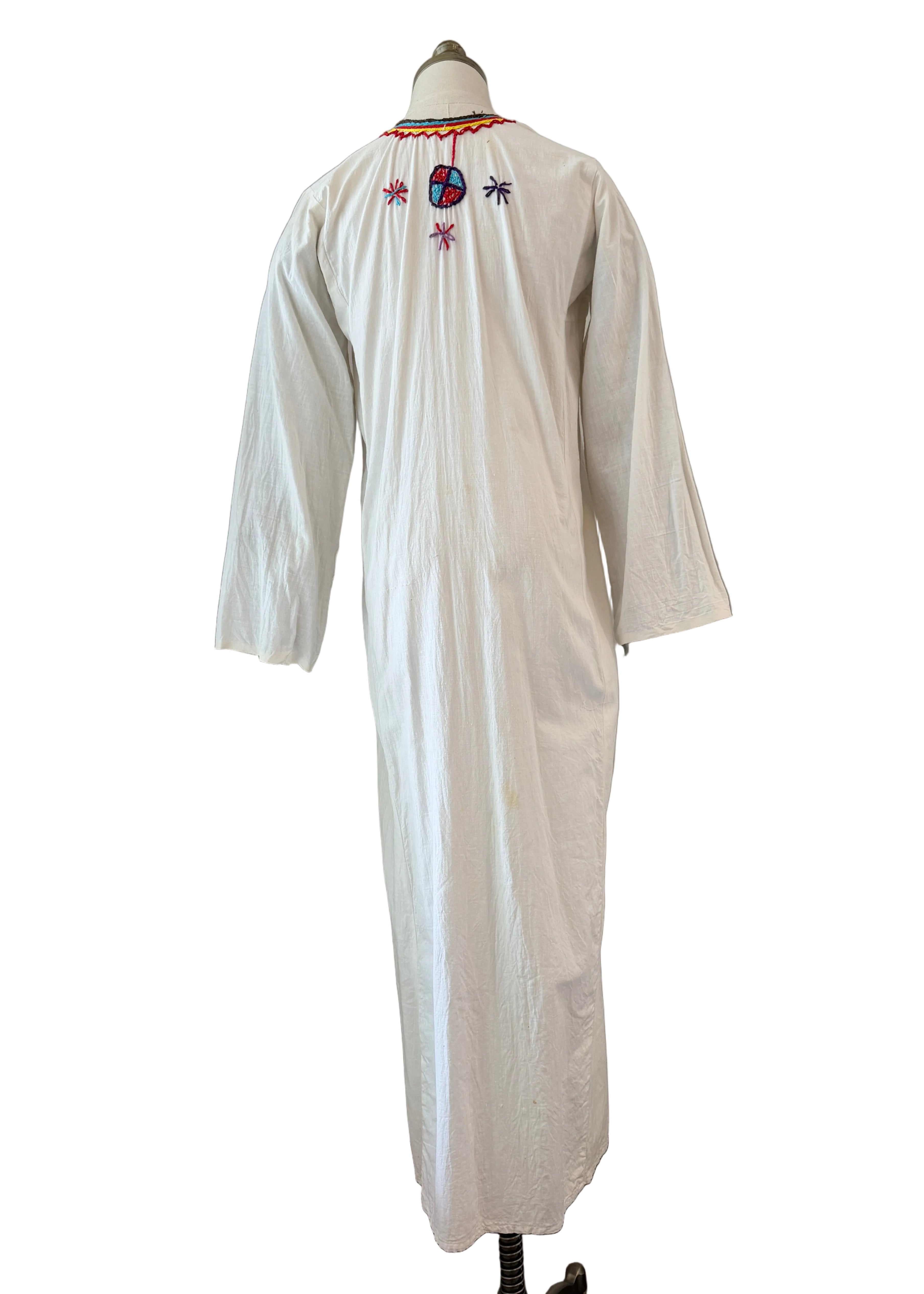 1970s Cotton Maxi Tunic Dress with Primary Color Embroidery